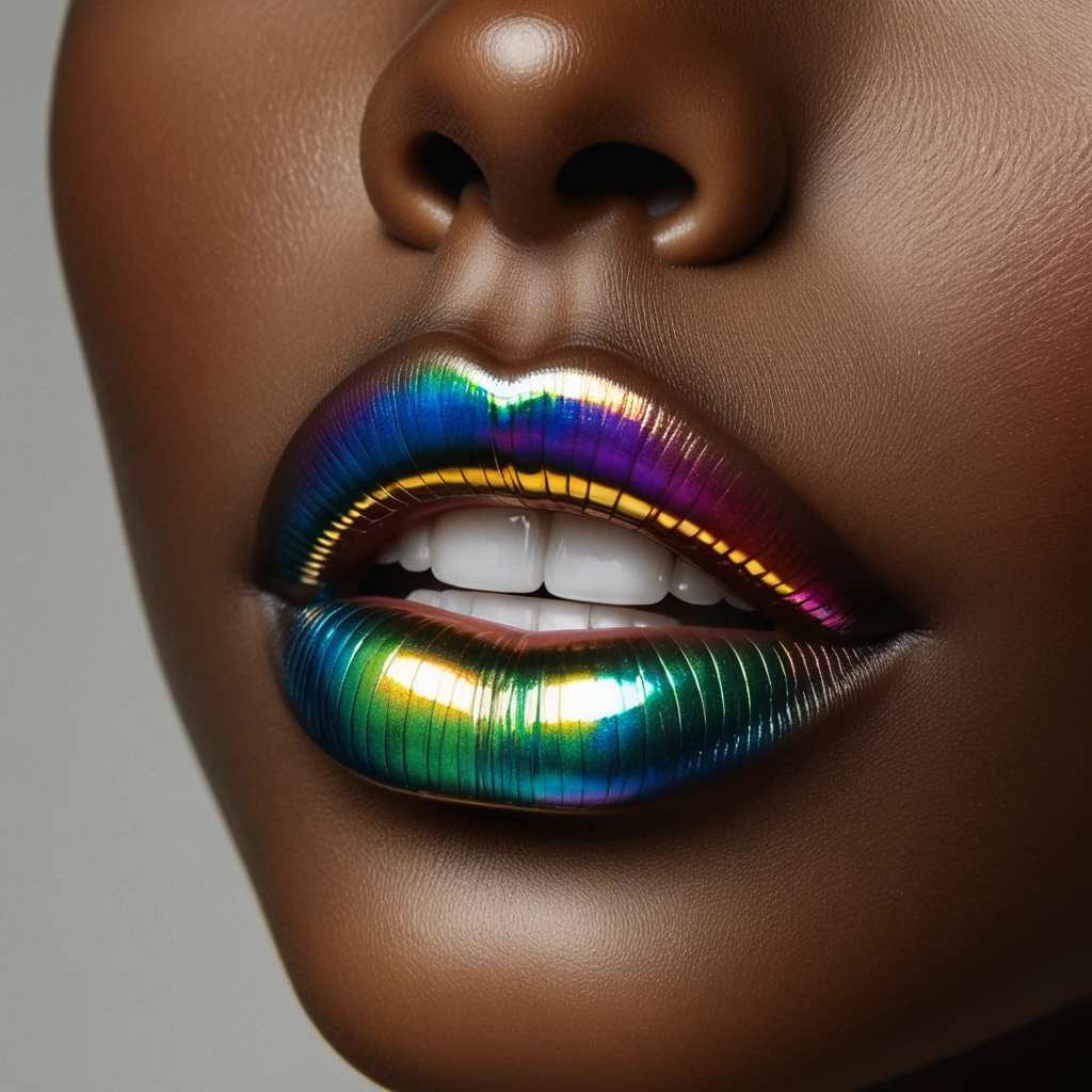 cinematic film still, close up, a mouth of a black woman with ((iridescent rainbow lipstick only on lips)), beautiful white shiny teeth, ((without beard, without moustache, no beard, no moustache)), high fashion editorial, amazing quality, wallpaper, perfect face skin, photo, realistic, photorealism, hyperrealist, full and well-defined lips, glossy finish, luxurious and glamorous appearance, simple and neutral background