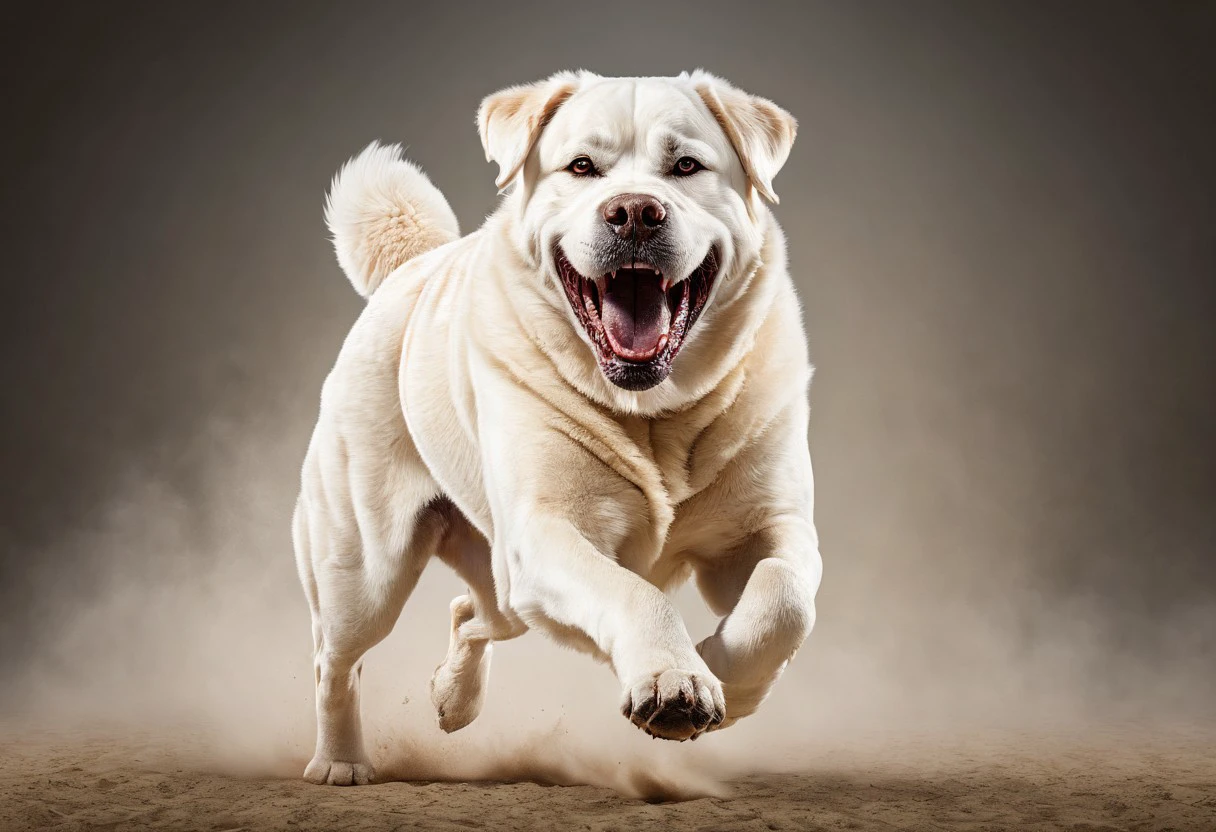 super realistic image ultra quality and super high resolution and sharp focus,photorealistic style of Alabai breed dog dynamic pose,super aggressive behavior with protruding teeth,attack stance