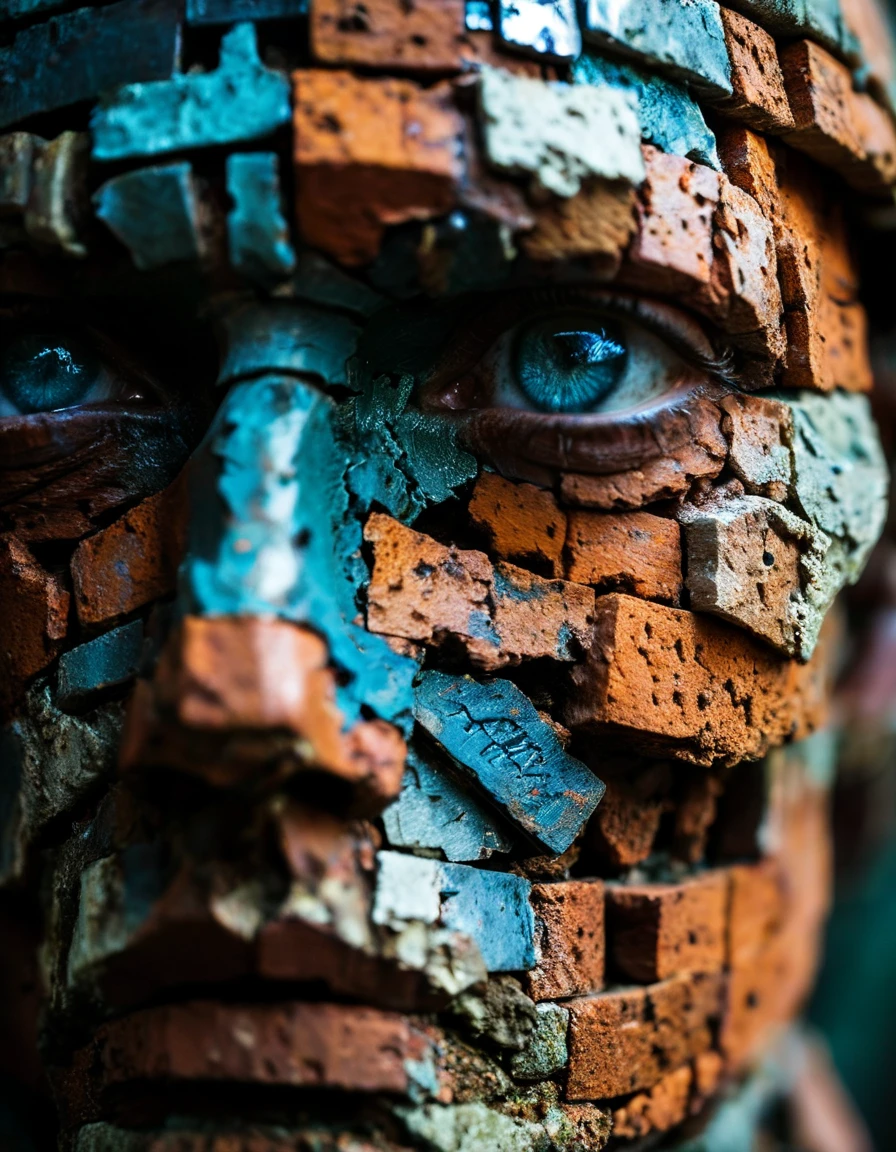 made out of bricks, Photograph, "The American Civil War", Nikon d3300, Depth of field 100mm, messy art by Carne Griffiths, close-up, ral-brks <lora:ral-brks-sdxl:0.8>, complimentary colors, great light, intricate, epic atmosphere, quality, full color, glossy, polished