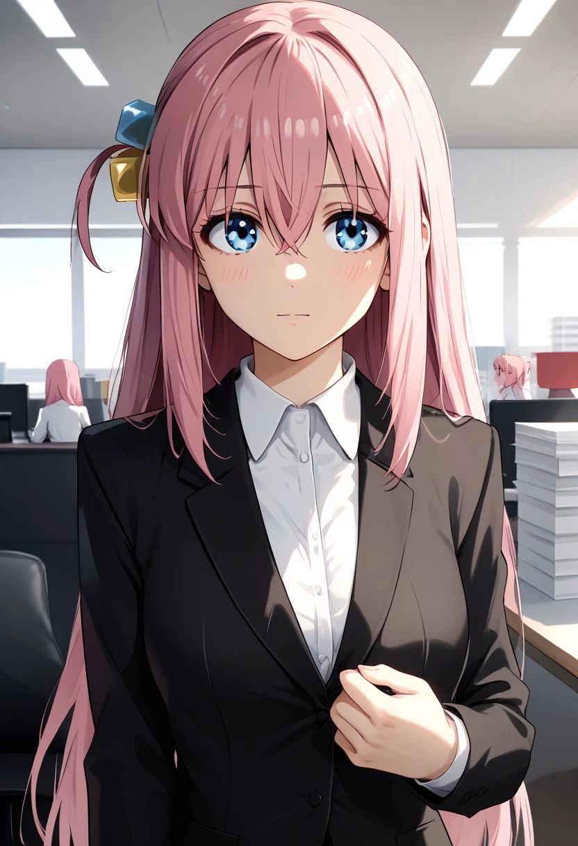 pink hair, long hair, hair between eyes, blue eyes, cube hair ornaments, gotoh hitori, in a office, hosting a meeting, wearing suit, office wear,  alone,