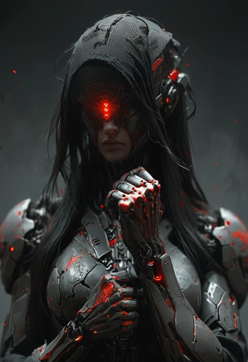 score_9, score_8_up, score_7_up, 1girl, upper body, cyborg, no face helmet, clenching hand, looking at own hand, black hair, long hair, upper body, red and black cyborg armor,  <lora:Mechanism-pdxl-1:0.8> mcnm, red glow,  , mate black, dark mood,