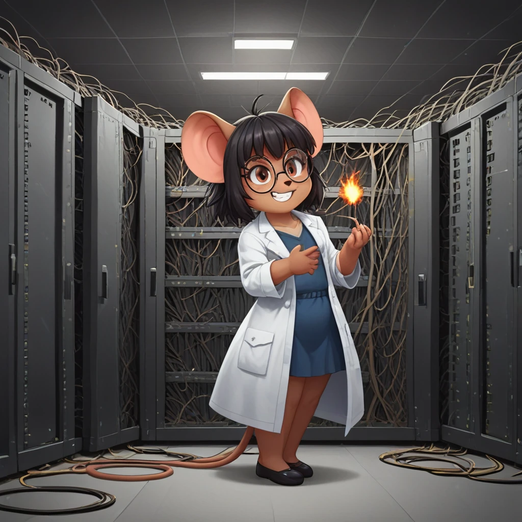 score_9, score_8_up, score_7_up,  highly detailed textures, anime style, anime, anime_screencap,  <lora:TalirlXL-pony-10:0.8>, shortstack, anthro gerbil, dark hair, brown eyes, round_eyewear, black glasses mouse ears, long mouse_tail, medium_breasts, (labcoat:1.2),  shirt, knee-length skirt, evil_grin, holding a large sledgehammer, BREAK <lora:svrrm-bg-05:1.3> svrm-bg, cables, sparks