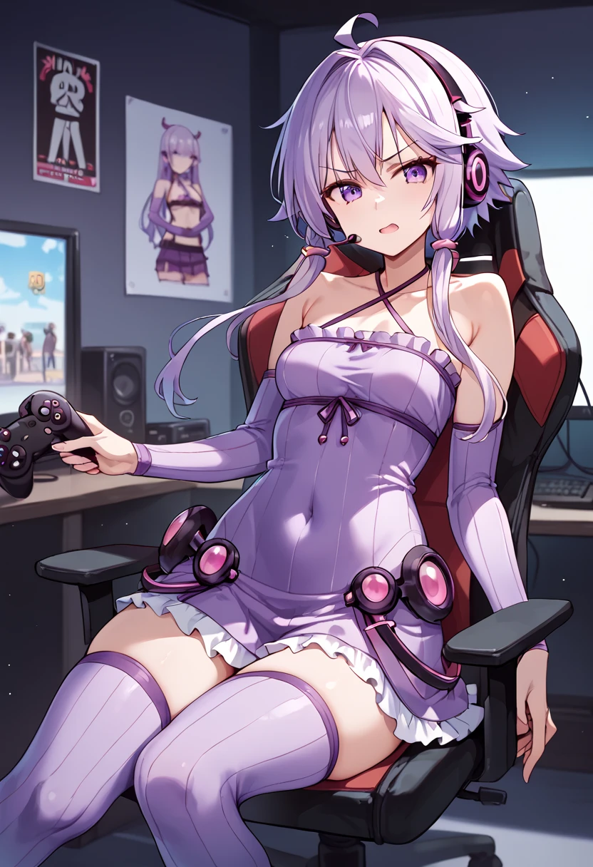 score_9_up, score_8_up, score_7_up,
 <lora:YuzukiYukari_Uzai_V1:1>
yuzuki yukari, purple eyes, purple hair, ahoge, bangs, short hair with long locks, hair intakes, hair ornament, small breasts, 
collarbone, criss-cross halter, breasts, halterneck, covered navel, bare shoulders, 
sleeveless dress, purple dress,  halter dress, Long sleeve, purple sleeve, zettai ryouiki, ribbon, thighs, sleeveless,  purple thighhighs, frills, 
Angry Video Game Nerd,
Streamer room, gaming chair, gaming PC, game equipment, controller, TV monitor, PC monitor, headphones, headset, anime poster, game poster,
(mature female:1), huge brests:1,