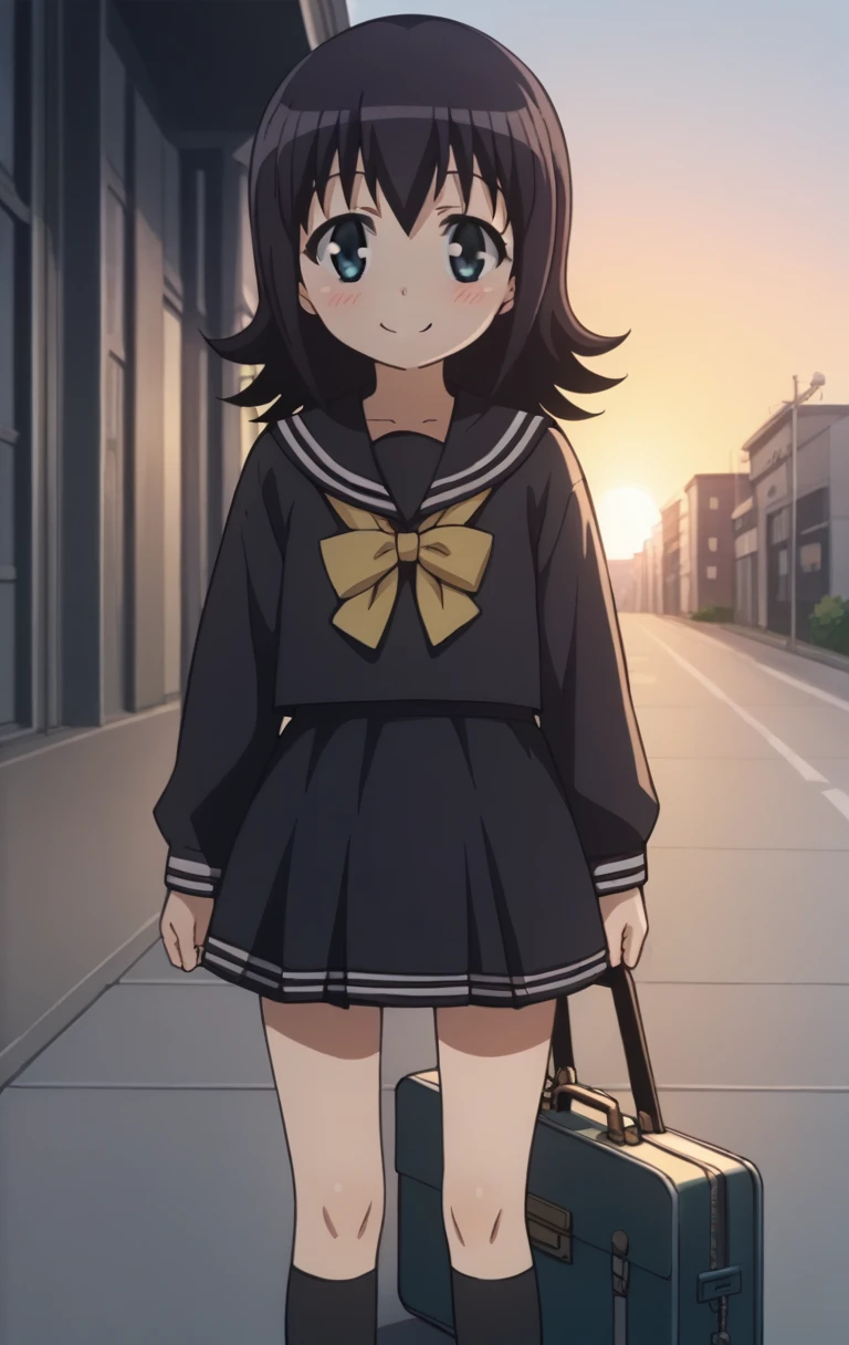 <lora:kiichan_watamote:1> score_9, score_8_up, score_7_up, score_6_up, source_anime BREAK, satozaki_kiko, child, 1girl, blue eyes, standing, black serafuku, outdoors, black socks, kneehighs, long sleeves, sunset, smile, blush, briefcase