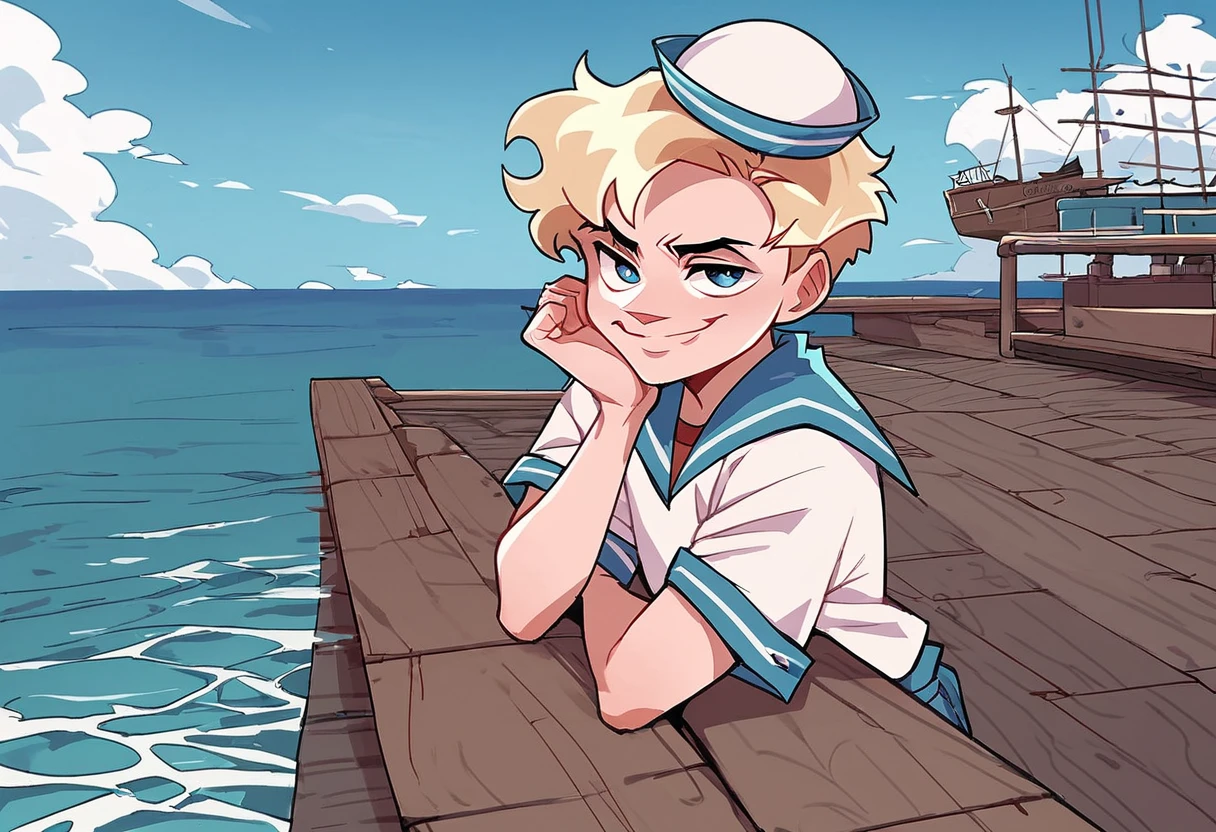 score_9, score_8_up, score_7_up, 1boy, blonde hair, blue eyes, blue sailor collar, sailor hat, shirt, short hair, solo, white shirt,  looking at viewer, smug, pier, ships on background, full body, <lora:Sailor_VladikVK_stikerÐÐ°ÑÑÐ¾Ñ_ÐÐ»Ð°Ð´Ð¸Ðº:1>