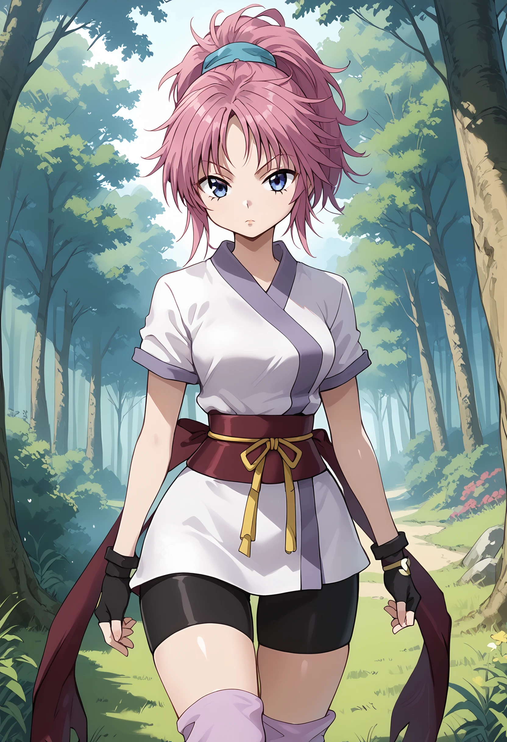 score_9,score_8_up,score_7_up,score_6_up,source_anime,dutch angle,1girl,medium breasts,<lora:machi_pony_ver1:0.9>,machi01, blue eyes, ponytail, pink hair, purple hair,portrait, ponytail, japanese clothes, sash, gloves, fingerless gloves, short sleeves, bike shorts,ninja,sash,obi, pink purple socks,tabi, in forest,