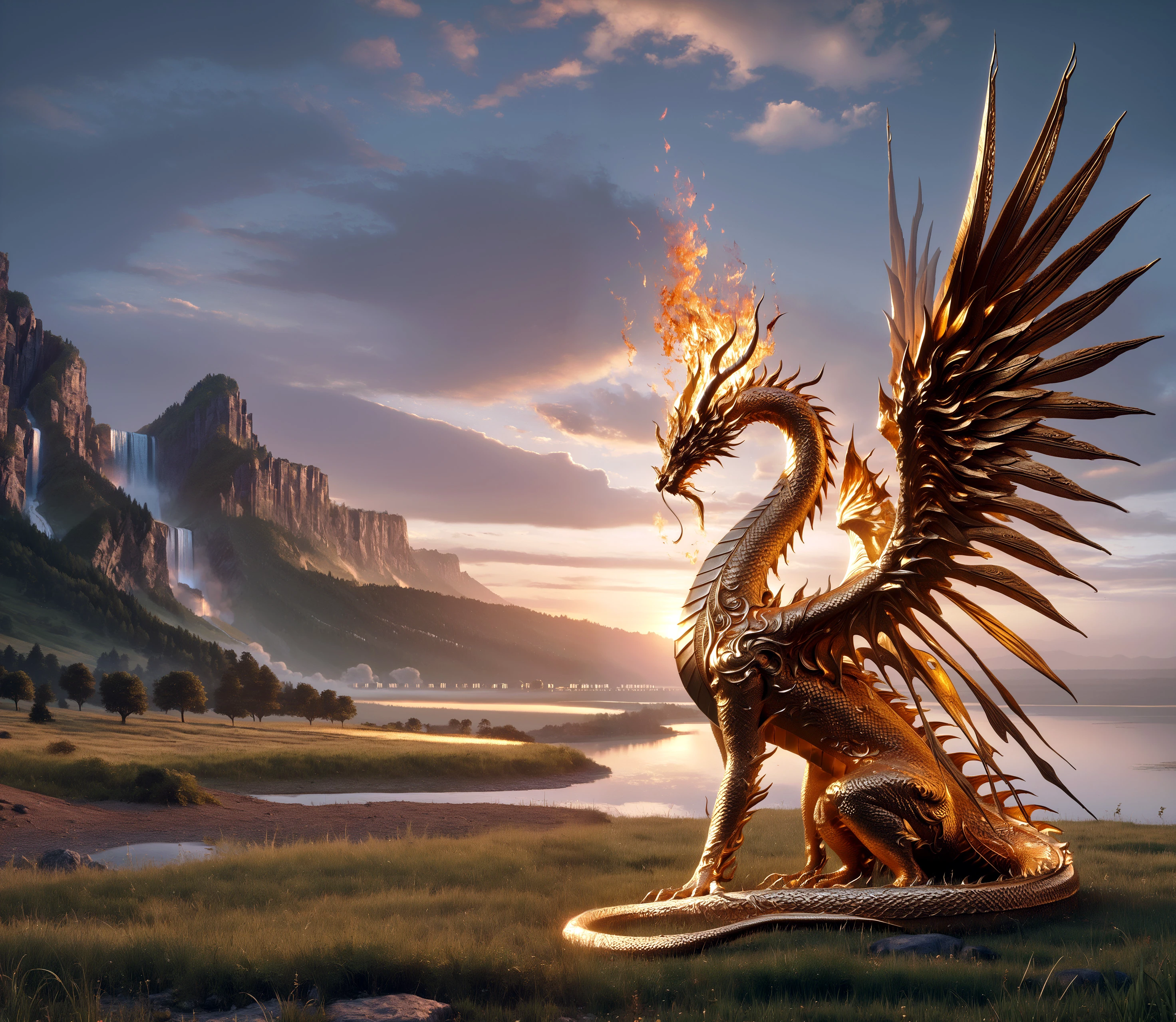 score_9, score_8_up, score_7_up,

60ld, 3d, a sitting dragon made entirely of gold, (wings:1.1), (fire-breathing:1.3),

(landscape:0.9), (hills:0.9), tree, grass, (waterfall:0.9), sunset, clouds, sunset, colorful sky, (reflection:0.75),

from side, detailed light, shadow, high details, 16k, masterpiece, 
