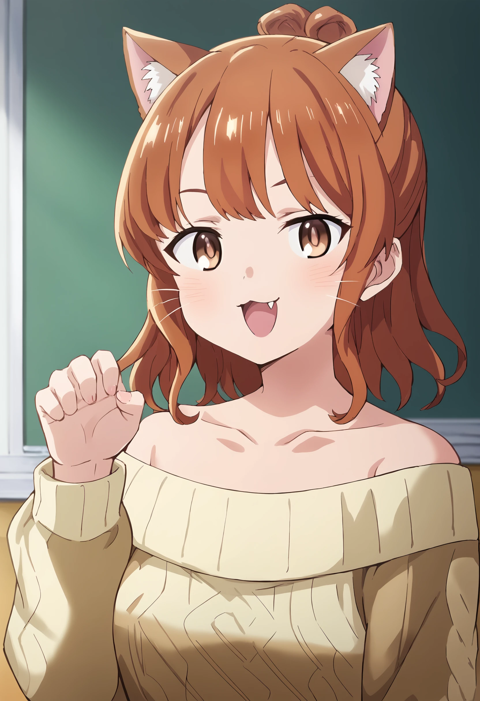 score_9, score_8_up, score_7_up, source_anime, uncensored, in a classroom,
<lora:Moeko_Sekine:1> 18 year old girl, Moeko Sekine, brown hair, brown hair, bangs, single hair bun, breasts, :D, :3,
Off-shoulder sweater, collarbone, upper body shot, looking at the viewer,
<lora:paw-pose-ponyxl-lora-nochekaiser:1>, paw pose, cat ears, cat tail, animal ears, tail, cat girl, open mouth, fang, whiskers,