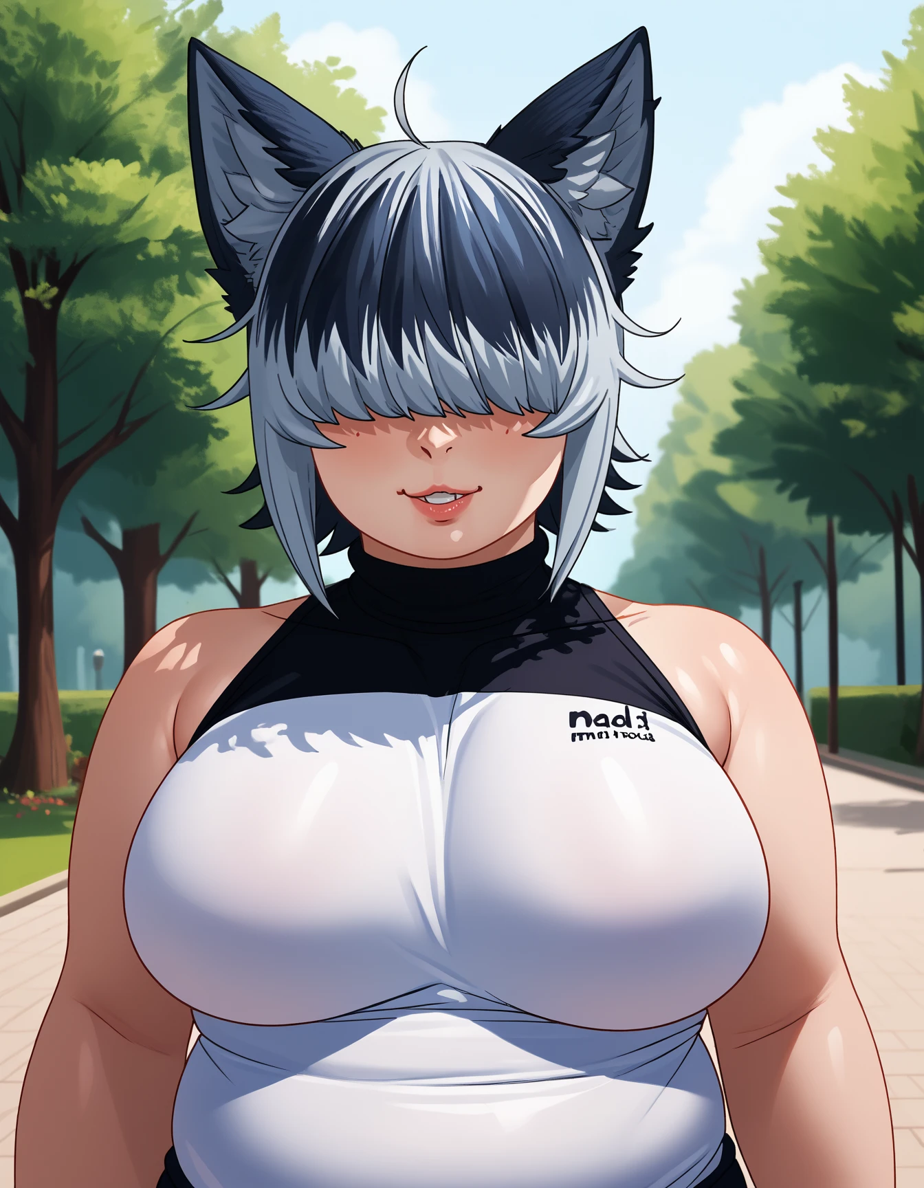 score_9, score_8_up, score_7_up,score_6_up  source_furry
raikdef,  black hair,grey hair,two-tone hair, wolf girl, wolf ears, wolf tail,hair over eyes ,short hair, animal ear fluff,grey fur, black fur
1girl,huge breasts,  plump,fat,sleeveless turtleneck, two-tone shirt,upper body, smile,parted lips, outdoors,park,stomach
<lora:raika-elf-san-koto-PonyXL:1>