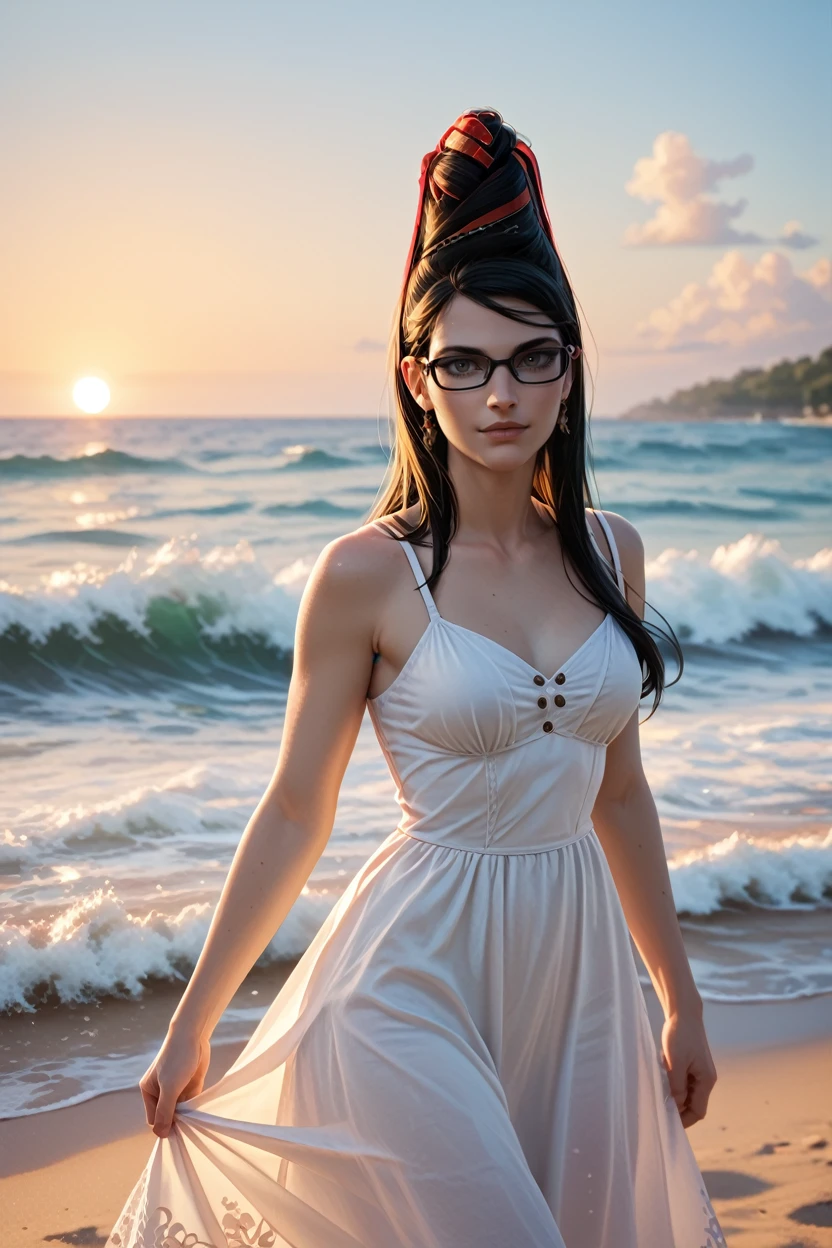 score_9, score_8_up, score_7_up, score_6_up
<lora:BBayo:1.0>
BBayo, 1girl, black hair, long hair, glasses, looking at viewer, on a beach during a vibrant sunset, sundress, playing with the waves