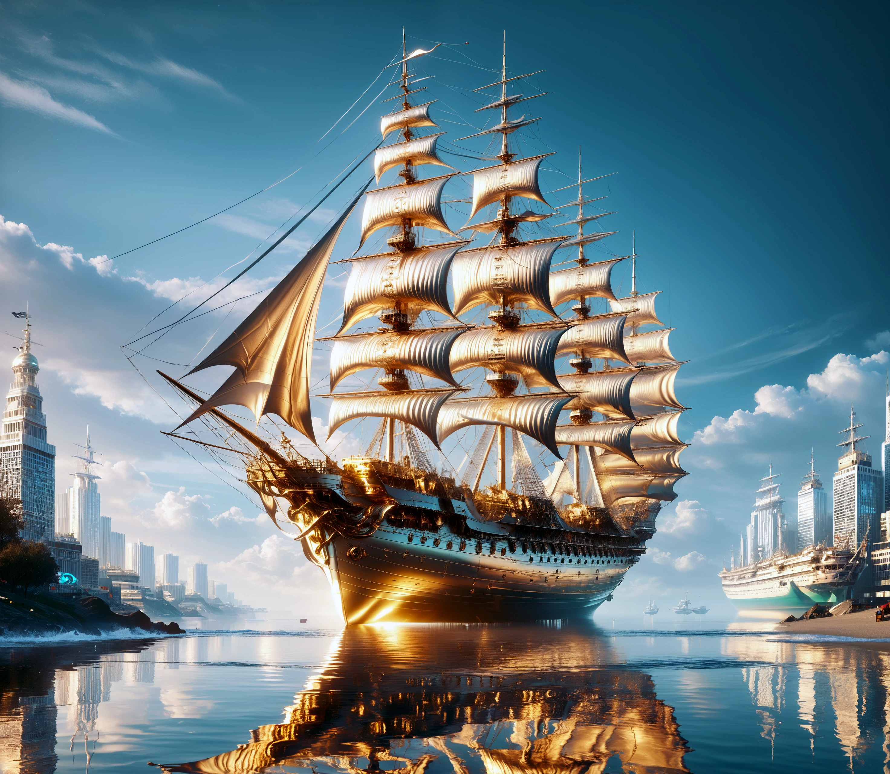 score_9, score_8_up, score_7_up,

60ld, (a historic sailing ship is made entirely of gold:1.1), 

(reflection:1.1),  city skyline, wave,