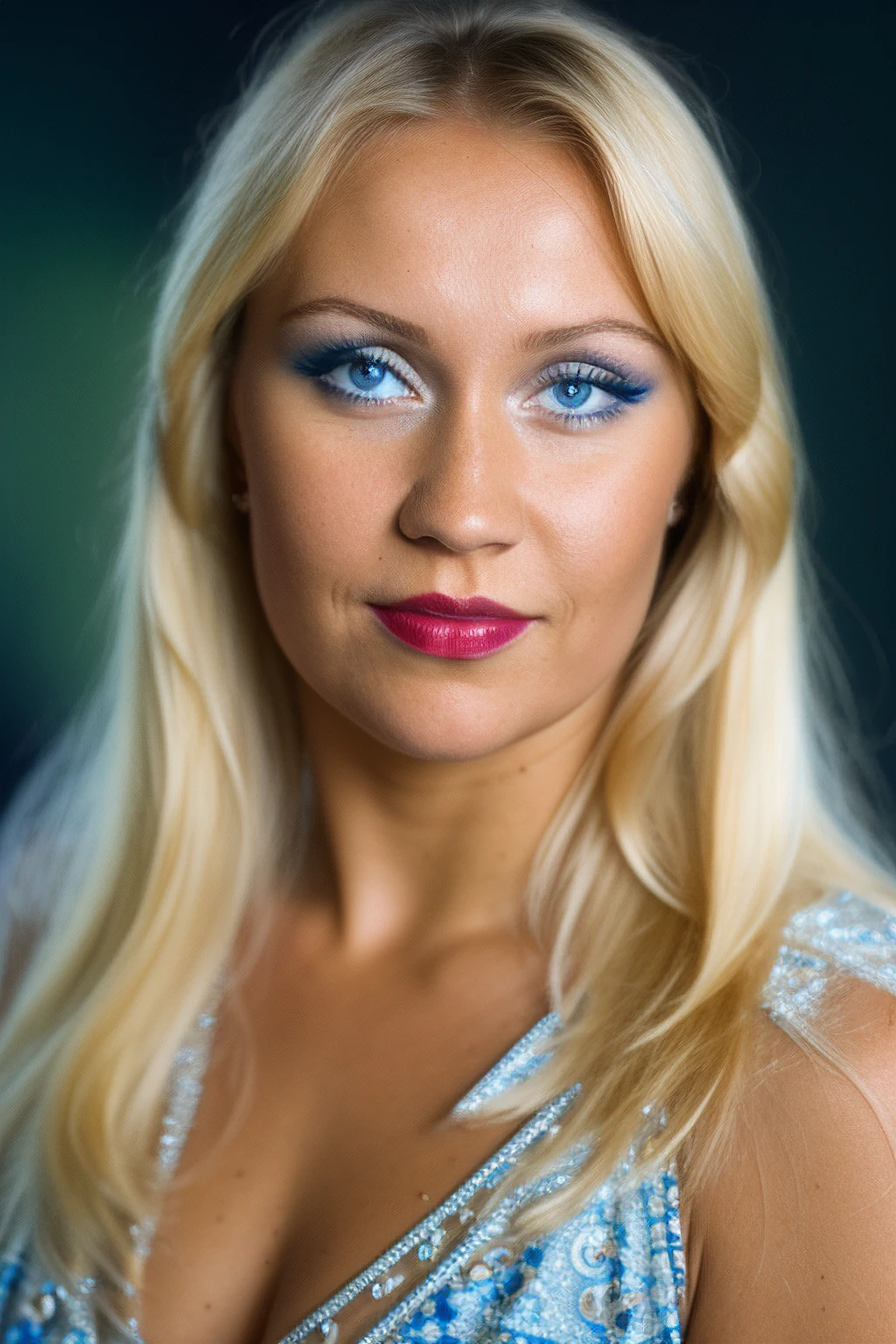 portrait, rim lighting, venusbody, agnetha, floral dress, platinum blonde hair, makeup,  lips, blue eyes, dark background, long hair, lipstick, (((wavy hair))), eyeliner, <ffacedetail>,8k, film grain, traditional media, sharp focus,  true to life, 1girl, solo <skinhairdetail>, face focus, parted lips, looking at viewer