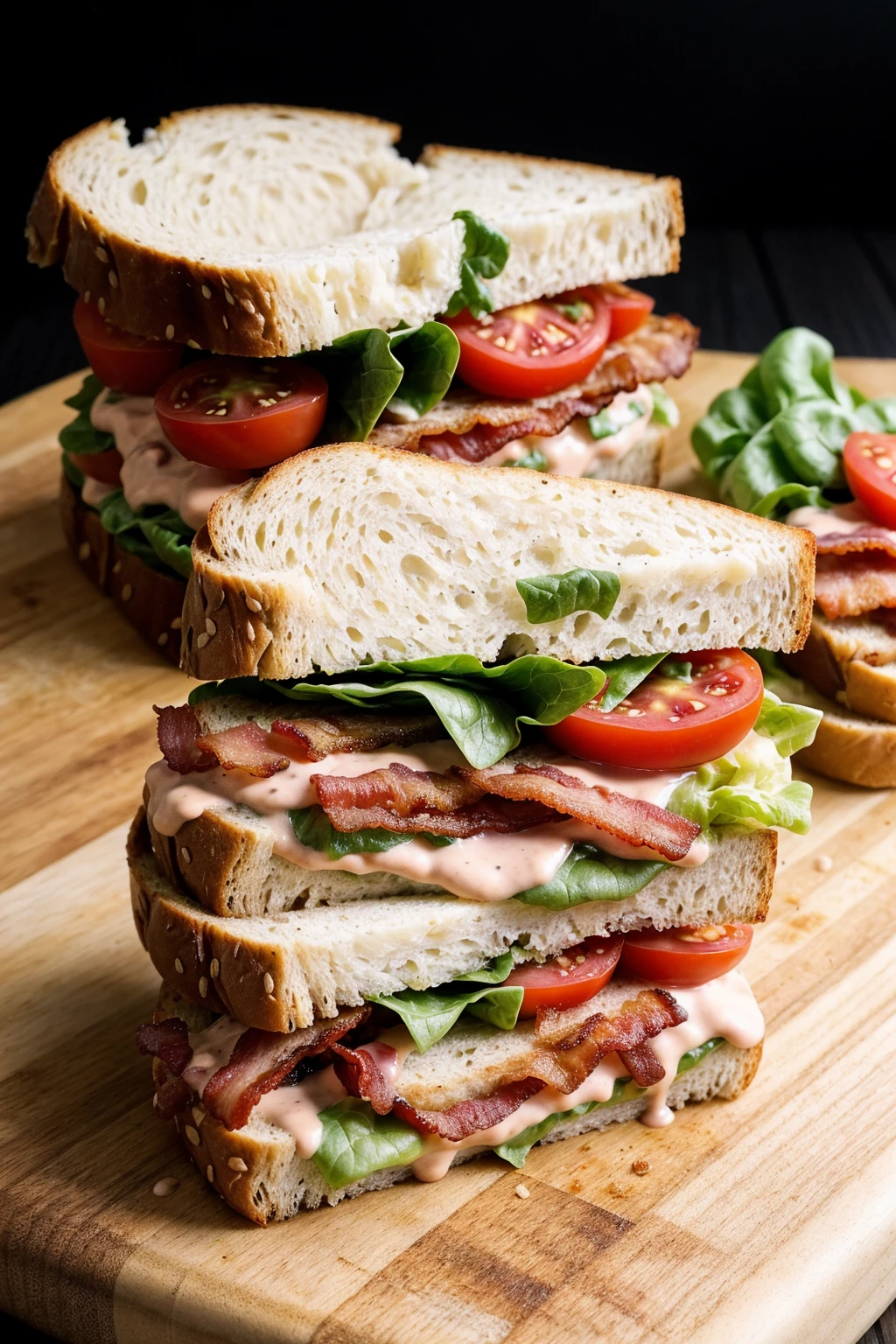 RAW photo, close up, cinematic lighting, BLT sandwich on a wooden cutting board,black background, irregular bread, fresh lettuce, bacon, ripe tomato slices, and a creamy, tangy sauce, the sandwich bread appears to be artisanal <lora:General-Design\add_detail:0.7>