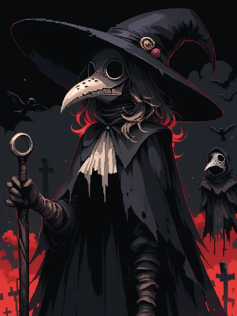 <lora:PlagueDoctor-000008:0.5> plague doctor, pl@gu3,mask, black eyesockets, black eyes, 
skinny black background, red outline,  1girl,hat,
 <lora:d3p1x3lXLP:1> d3p1x3l, pixel art