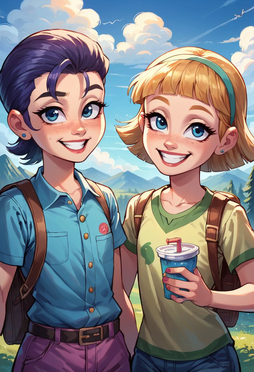 CSPNY, 2girls, 2boys, child, kid, smile, adventure, mountains, jungle, exploration, backpack, close-up, action, score_9, score_8_up, score_7_up, score_6_up, score_5_up, score_4_up, high res, 4k