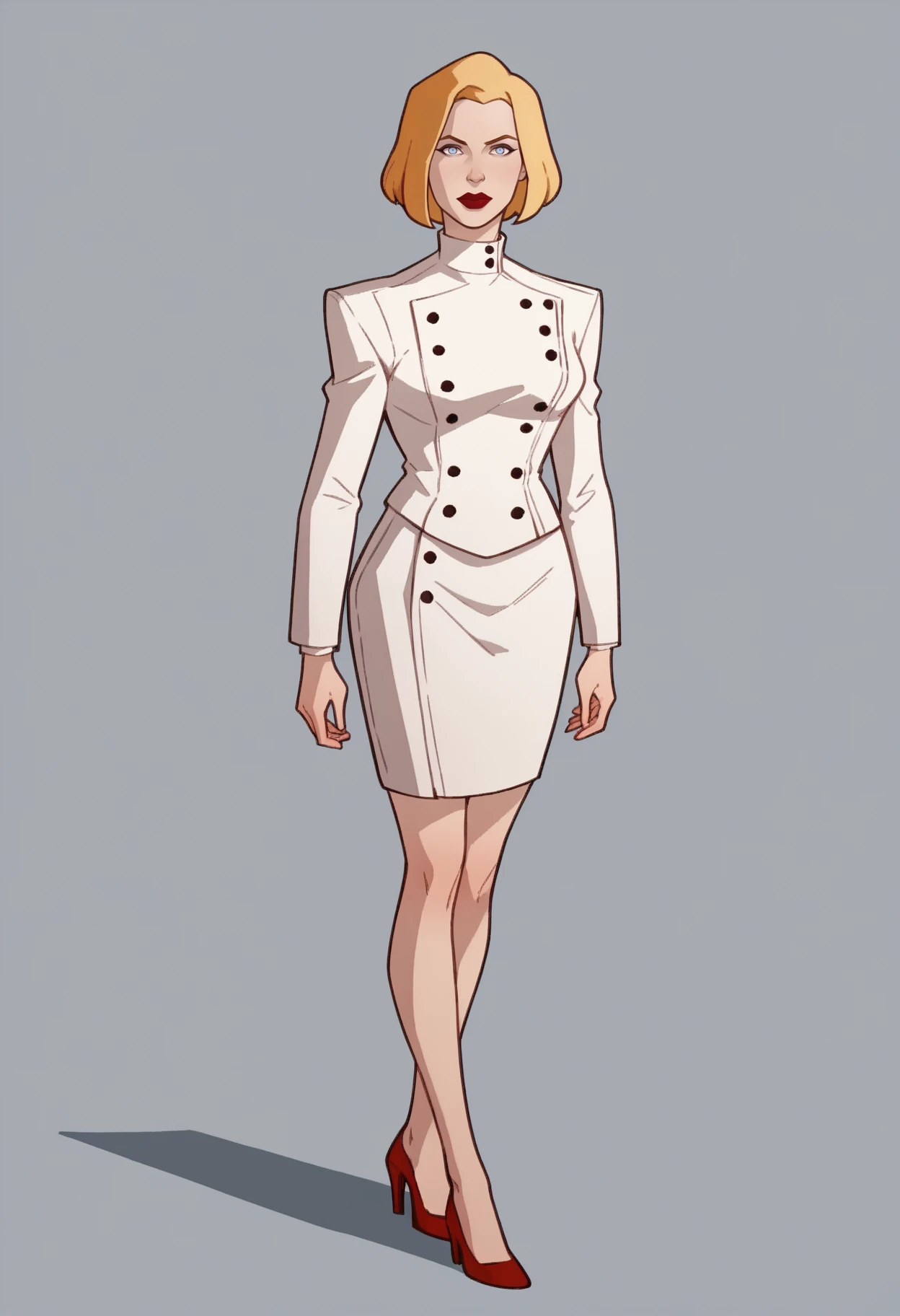 score_9, score_8_up, score_7_up, score_6_up, score_5_up, score_4_up, BREAK,
1girl, agentl, blonde hair, short hair, blue eyes, red lips, makeup, 
white coat, white skirt, high heels,
full body, solo, looking at viewer, simple background, solid grey background <lora:AgentLXL:1>