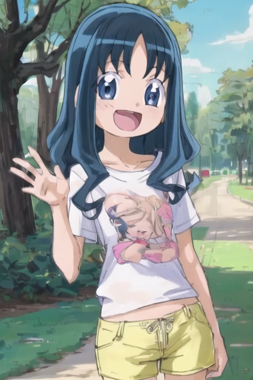 ( (nsfw), best quality, ultra detailed, absolutely resolution, pastel anime illustration style),
<lora:Erika_V1_r1:0.97>
{(1girl, kurumi erika, blue eyes, waved blue long hair, slim body, small breasts, thin legs, 150cm tall ),
( wearing t-shirt and shortpants )},
BREAK, ( from diagonal side, look at viewer, smile face and open mouth, cute poses, upper shot, face focus, portrait ),
( park background, flower and tree, natural lighting),
<lora:more_details:0.65>