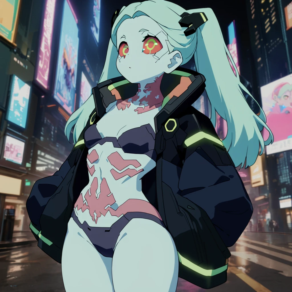 masterpiece,high resolution,
, <lora:cyberpunk_edgerunners_style_sdxl:0.8>,
1girl, rebecca \(cyberpunk\), best quality, good anatomy, cowboy shot, close-up, aqua twintails, aqua long hair, mechanical eyes, ((red sclera)), ((green pupils)), open jacket, black jacket, black bra, black panties, neck tattoo, stomach tattoo, leg tattoo, bare legs, upper body, outdoors, cyberpunk,neon trim, neon lights, streets, tall buildings,