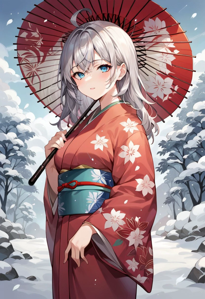 score_9, score_8_up, score_7_up, source_anime,alisa, blue eyes, long hair, grey hair, 1girl, japanese clothes, solo, kimono, umbrella, snow, snowing, outdoors, ahoge, looking at viewer, oil-paper umbrella, red kimono, holding, floral print