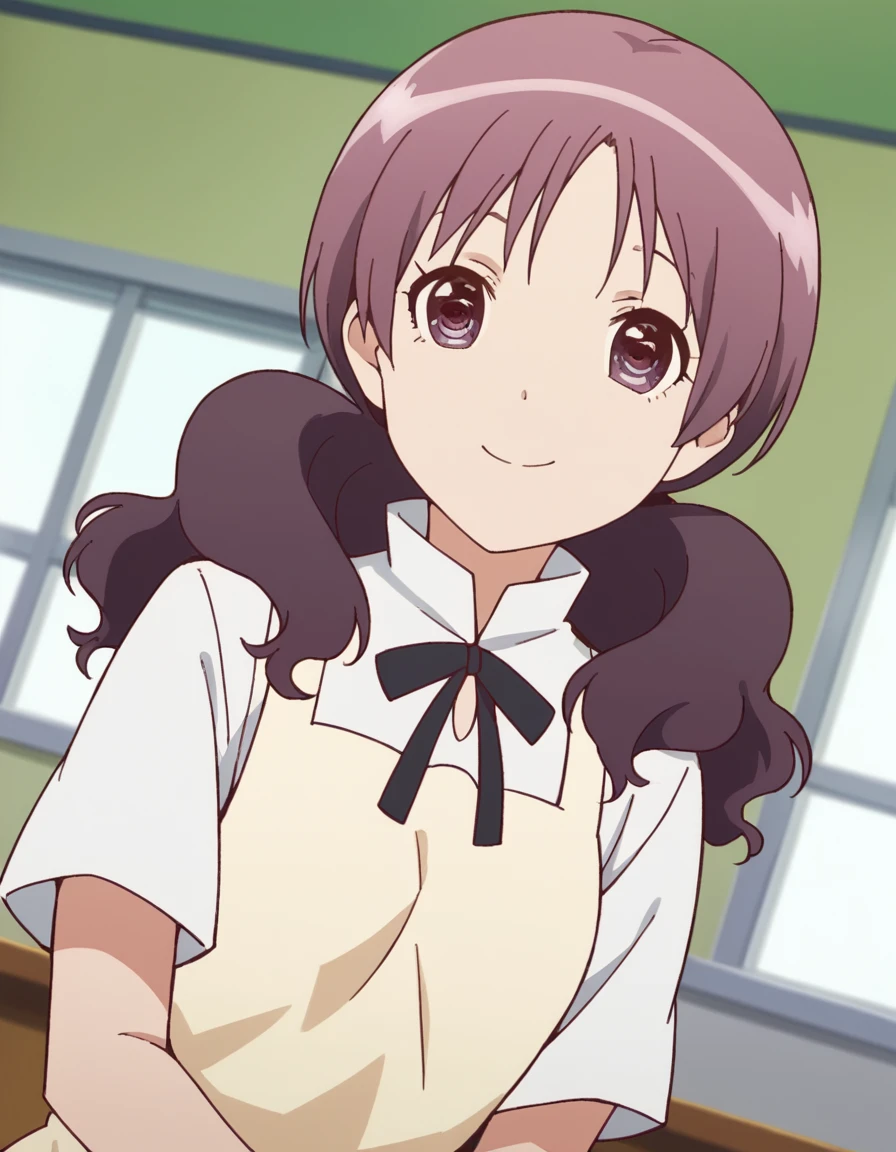 score_9, score_8_up, score_7_up, source_anime, <lora:shiho-kamakura-s1-ponyxl-lora-nochekaiser:1>, shiho kamakura, long hair, twintails, purple hair, purple eyes,, apron, waitress,, indoors, smile, looking at viewer, solo,, cowboy shot, dutch angle