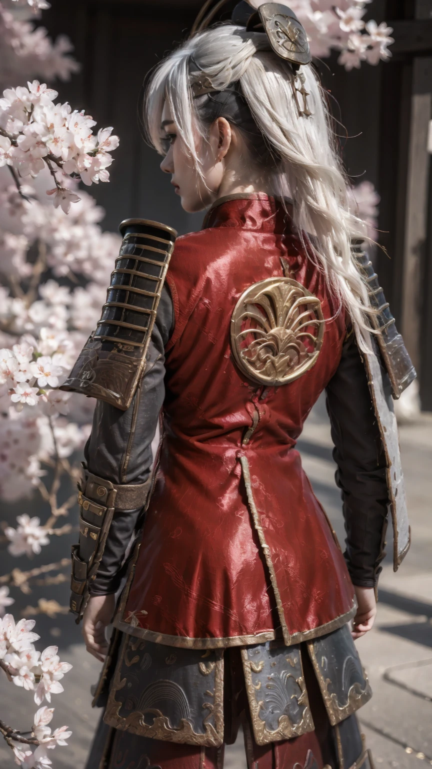 masterpiece,(bestquality),ultra-detailed,1girl,solo,Lion samurai outfit,cherry blossoms,from behind,looking back,<lora:ntmix1:0.7>,<lora:Lion samurai outfit:0.7>,short hair,