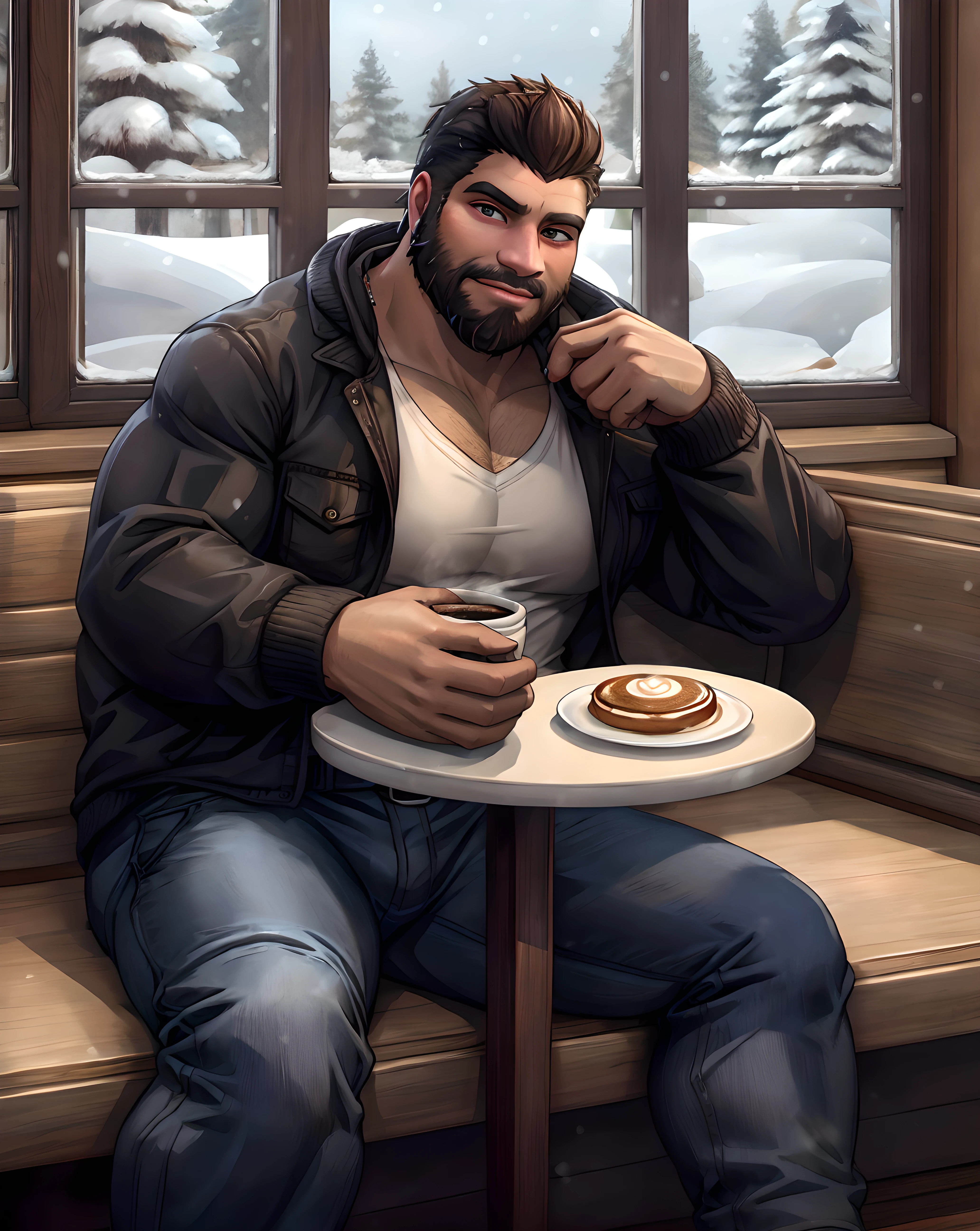 <lora:Beard_Dom_Santiago:0.75> full_beard_dom, jeans, winter jacket, looking at viewer, beard, sitting on bench, table, indoor, snow, winter, restaurant, window, hot coffee, daytime, dark skin