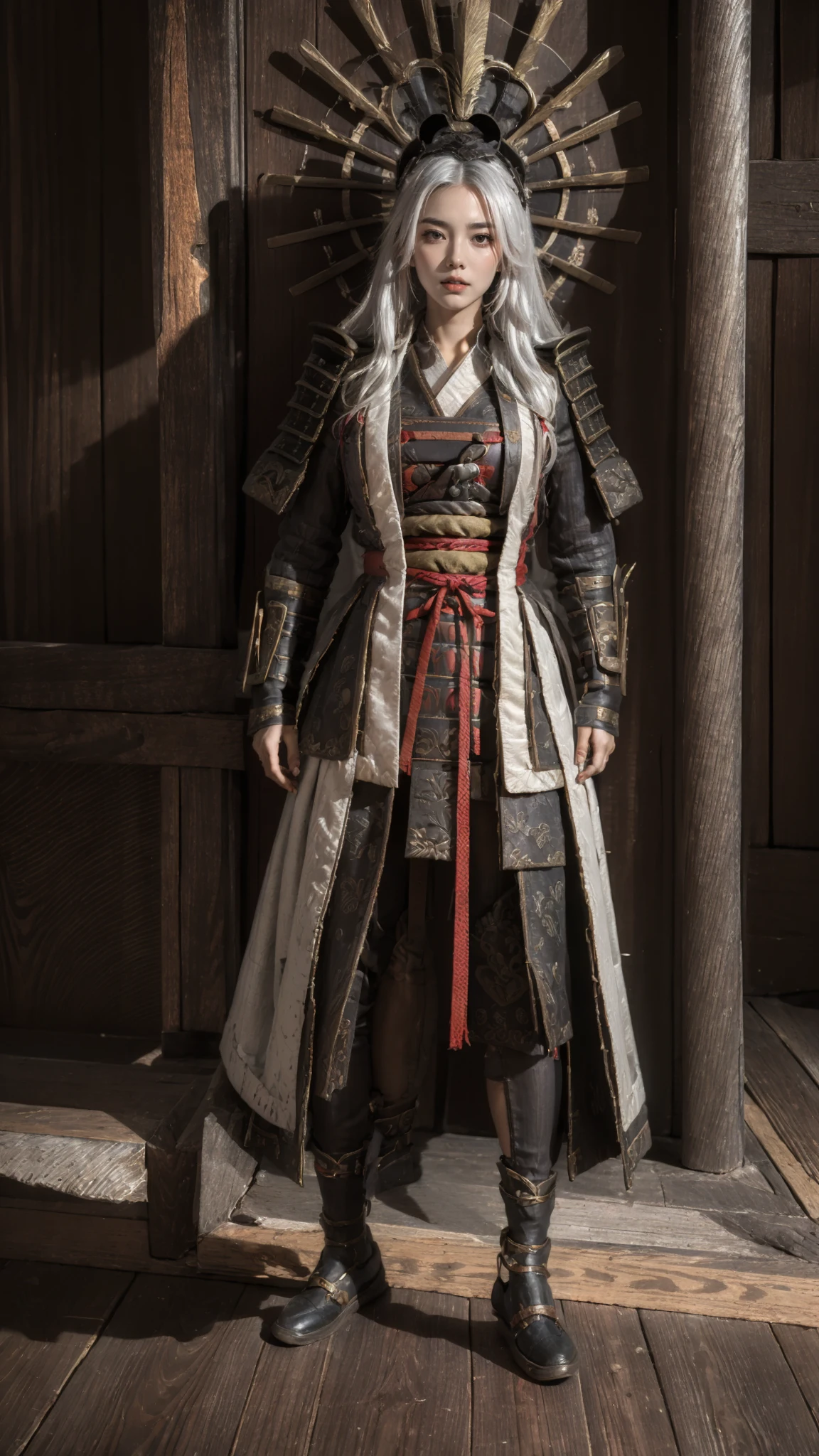 masterpiece,(bestquality),ultra-detailed,1girl,solo,full body,lion samurai outfit,<lora:ntmix1:0.7>,<lora:Lion samurai outfit:0.6>,(white hair:1.05),