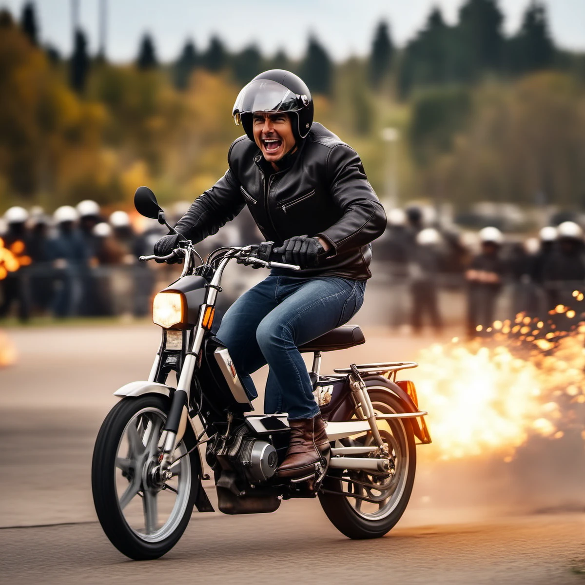 cinematic photo Tom Cruise is riding a motorcycle, motor vehicle, ground vehicle, stunts, flames, explosions, lightnings, sparkles <lora:103-1024:1> . 35mm photograph, film, bokeh, professional, 4k, highly detailed