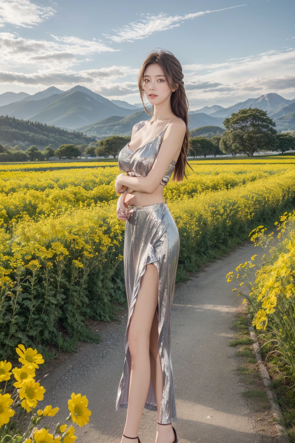 Realistic,masterpiece,best quality,8K,HDR,RAW,1girl,((solo)),(Spring scenery, mountains in the distance, beautiful clouds, rape flower fields),(standing),large breasts,Looking at the audience,<lora:add_detail:0.6>,<lora:GoodHands-beta2:1>,<lora:ENNE é¶è²å¼åé¿è£_v10:1>,long silver skirt,