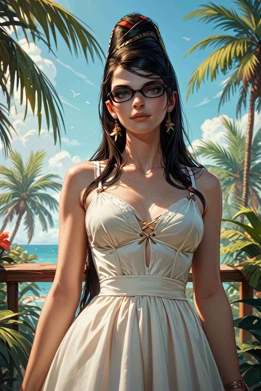 score_9, score_8_up, score_7_up, score_6_up
<lora:BBayo:1.0>
BBayo, 1girl, black hair, long hair, glasses, looking at viewer, on a tropical island, sundress, palm trees