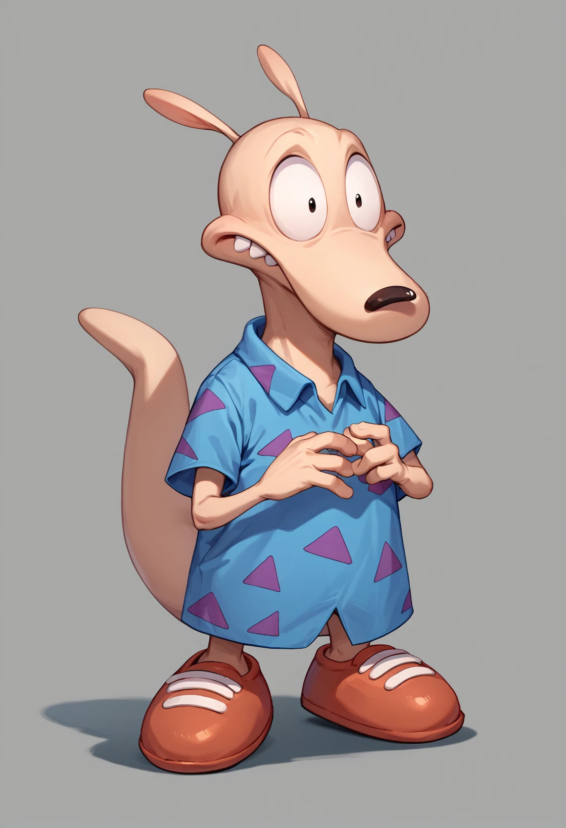 score_9, score_8_up, score_7_up, score_6_up, source_furry, dof, full-length portrait, solo, white background,   <lora:CHARACTER_ROCKO:1> rocko, 1boy, shirt