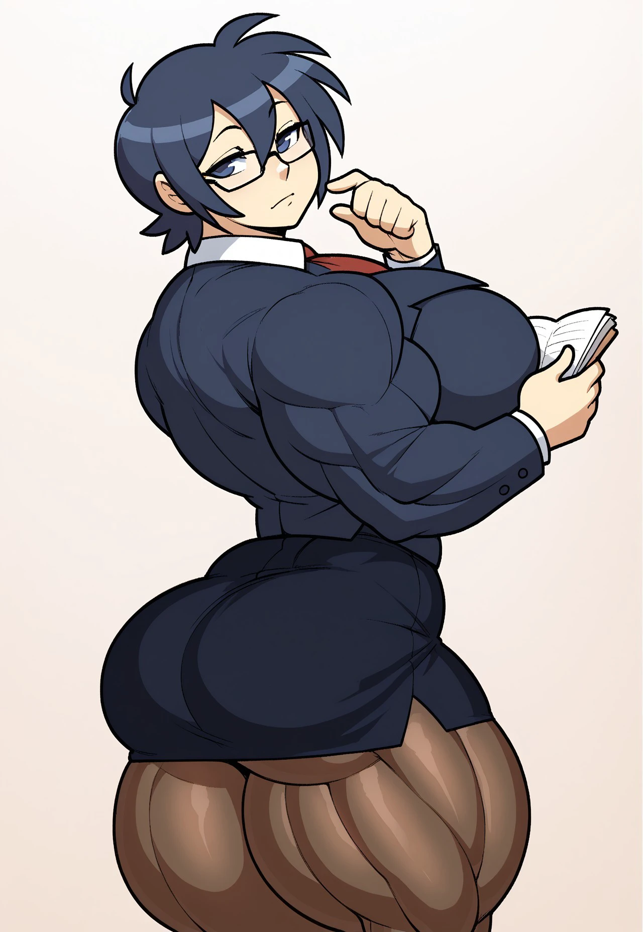 safe_pos, score_9, score_8_up, score_7_up, score_6_up BREAK narrow waist,(((five fingers)))),(((standing,))),solo,1girl,((glasses))), huge breasts, muscular female, muscles, huge muscles,long sleeves,pencil skirt, pantyhose,coat,necktie, office, indoors, office lady, blue hair,blue eyes,light frown head tilt, looking ahead,,from side, ass,closed mouth,<lora:KrekkovLycoXLV2:1>