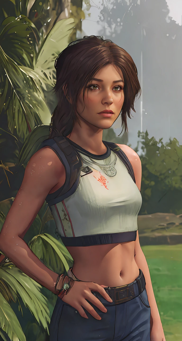 outside,evening,Lara Croft looking heroic,highly detailed tank top,hands on hips,(expressionless:1.3),highly detailed character design,cinematic lighting,detailed backgrounds,4k resolution,masterpiece digital art,
BREAK
professional model,cartoon,hires,4k,((masterpiece)),(best quality),perfect anatomy,highly detailed hair,highly detailed face,(highly detailed eyes:1.3),(good hands:1.3),detailed teeth,detailed mouth,
BREAK
score_9,score_8_up,score_7_up,score_6_up,score_5_up,score_4_up,
BREAK
looking at viewer,(eye_level_shot:1.5),
BREAK
(1girl:1.4),natural light,octane render,highly detailed,volumetric,<lora:a LC - 75by20:1>,LC_Gamer,midriff,