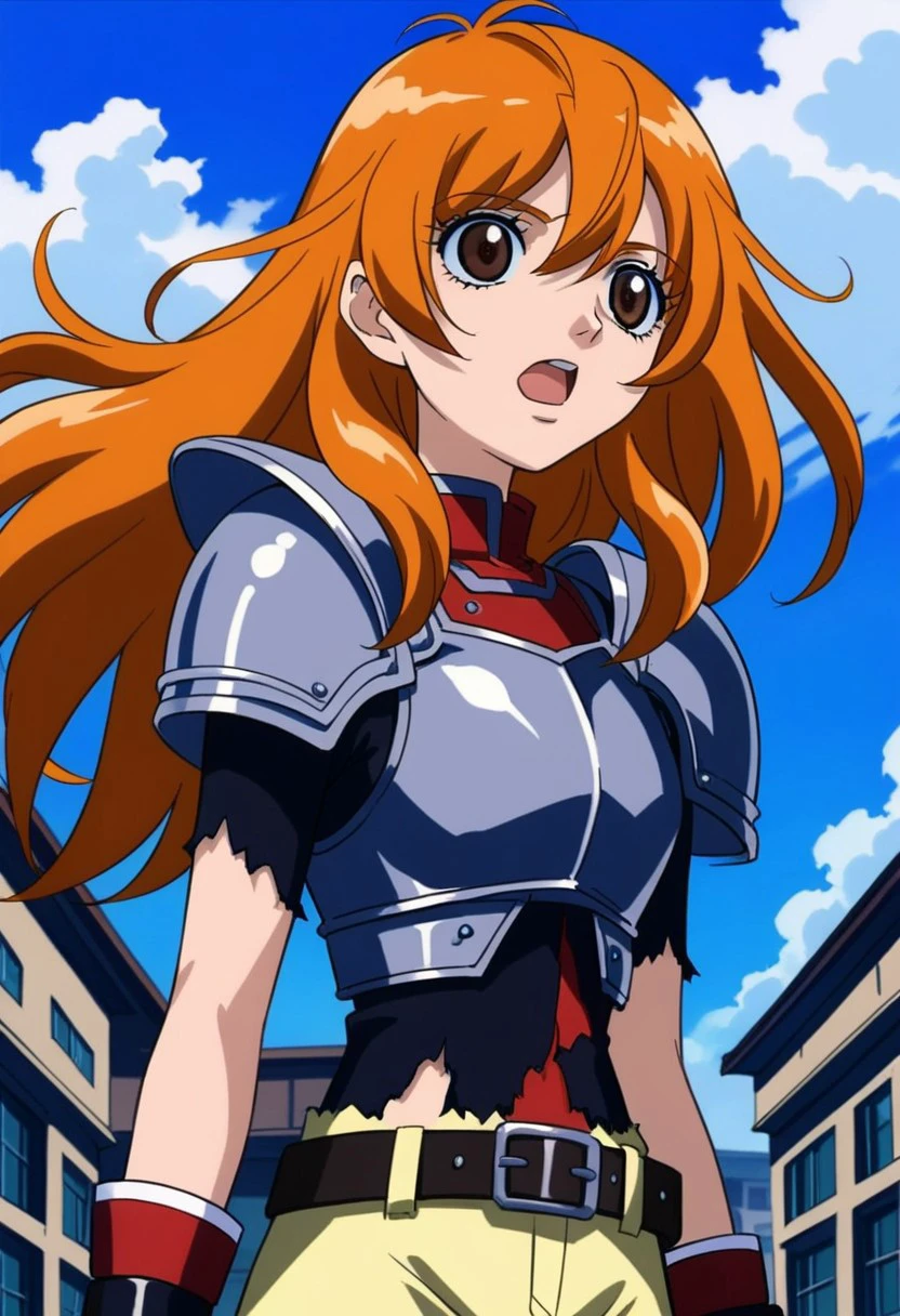 score 9, score 8 up, score 7 up, masterpiece_portrait, high quality, anime coloring, bakugan, alice gehabich, 1girl, solo, long hair, brown eyes, belt, torn clothes, day, armor, sky, cloud, gloves, orange hair, fingerless gloves, pants, outdoors, breastplate, open mouth, blue sky, Masquerade alice