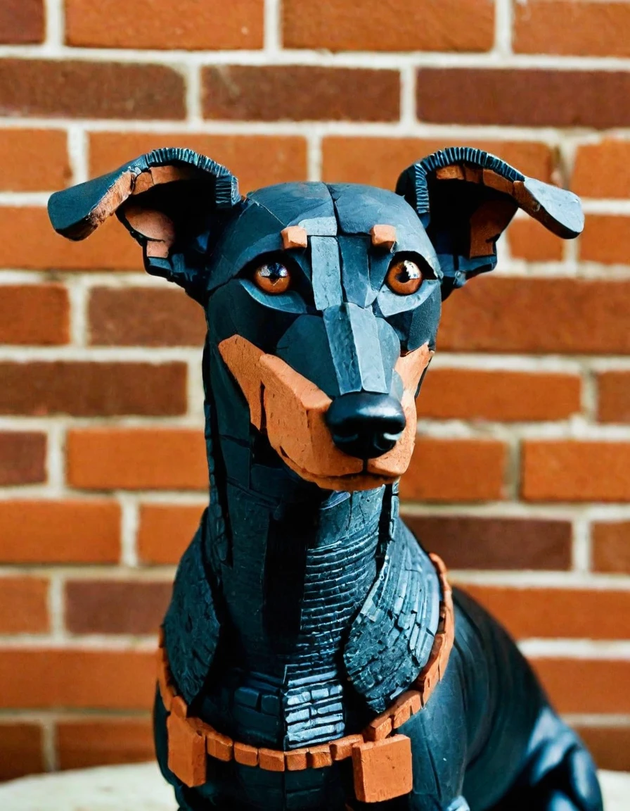made out of bricks, detailed Cinematic still, Doberman Pinscher, designed by alessio albi, peter sculthorpe and brandon woelfel, Mushroomcore, cinestill, close-up, ral-brks <lora:ral-brks-sdxl:0.8>, stunning detail, beautiful detailed supreme quality color intricate, beautiful, excellent composition, elegant, aesthetic, highly detail