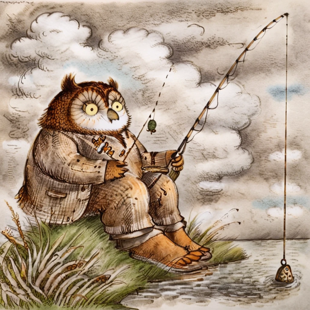 ALobelStyle illustration, owl fishing, seated, outdoors, grass, clouds <lora:ALobelStyle:1>