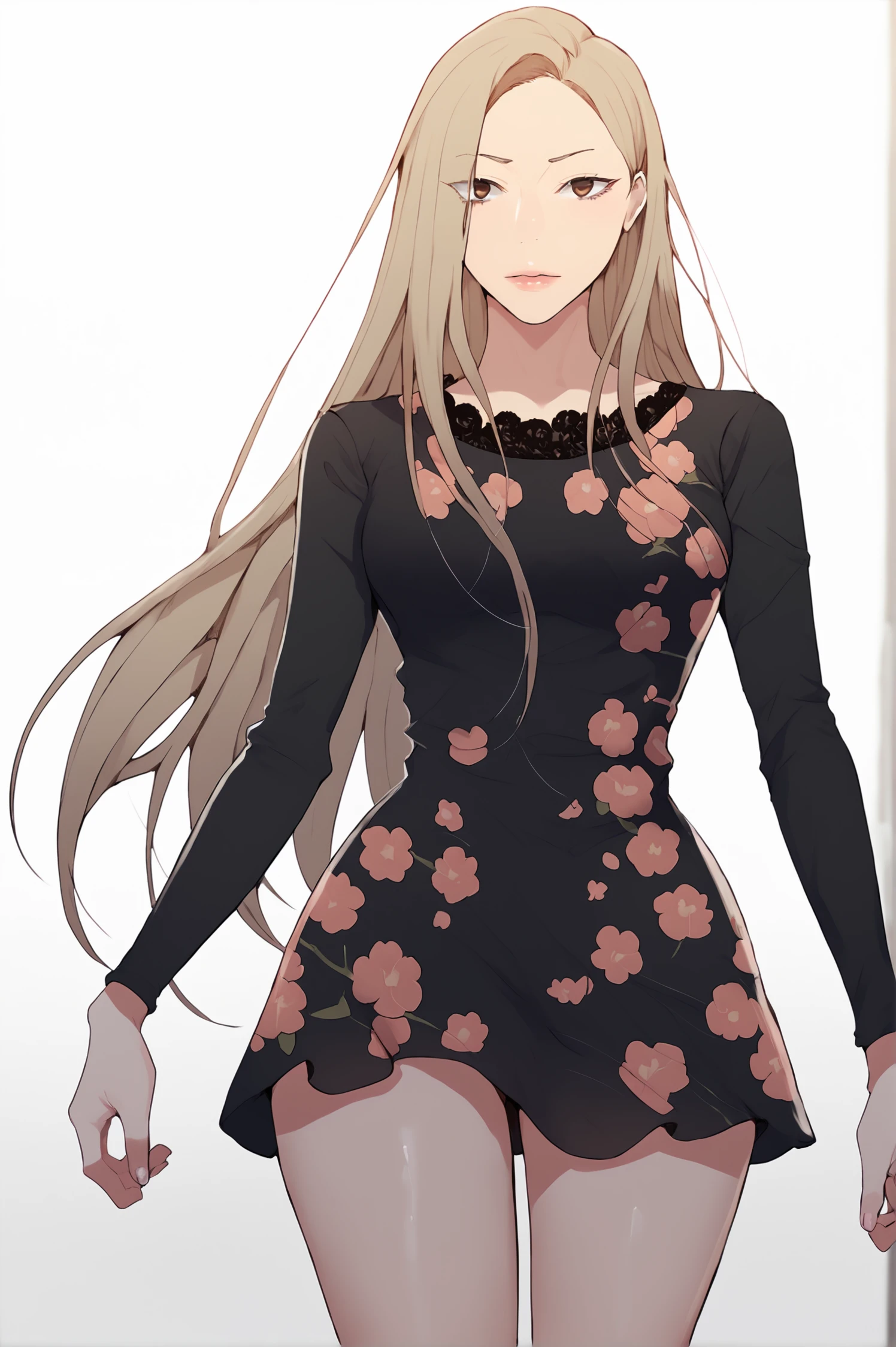 <lora:XL_MiaCha_SC:1> miachadef, blonde hair, brown eyes, long hair, looking at viewer, white background, simple background, 
1girl, solo, long sleeves, dress, standing, thighs, black dress, short dress, floral print, print dress, score_9,score_8_up,score_7_up, detailed face, source_anime