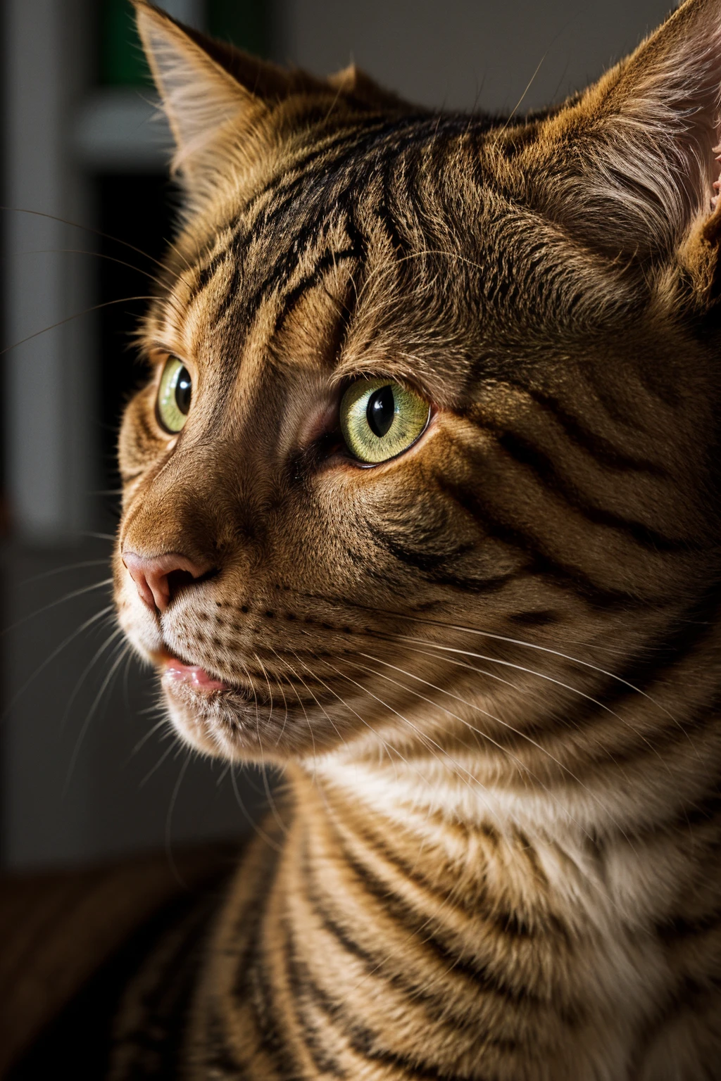 RAW photo, dramatic light, close up view, a rich golden and dark brown stripes cat, green eyes, black background, 8k <lora:General-Design\add_detail:0.7>