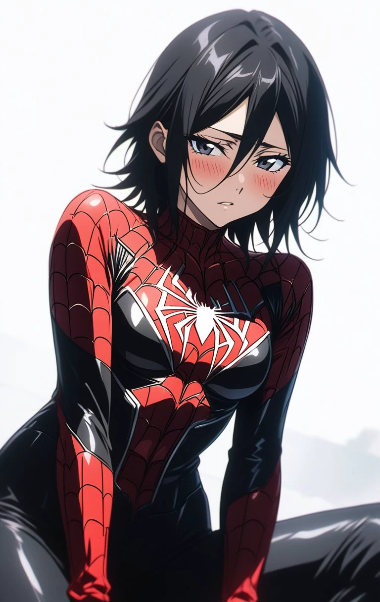 1girl,BREAK source_anime, Rukia Kuchiki from Bleach, black hair,
spiderman suit ,spiderman logo, seductive,gorgeous,stunning,simple background,white background,blush,high resolution textures,cinematic,extremely detailed  <lora:Spiderman_Suit:0.7>