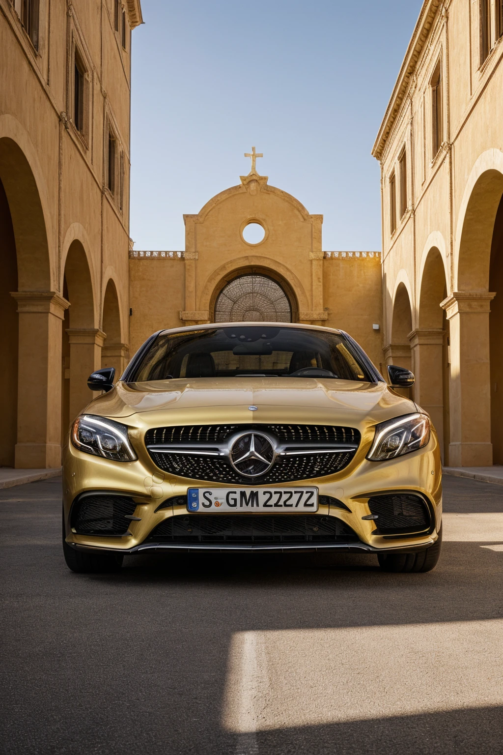 RAW photo, golden car from Mercedes-Benz with simple grille, modern headlights, and aerodynamic lines, close up view, mediterranean building with a (red terracotta) facade and arches background <lora:General-Design\add_detail:0.7>