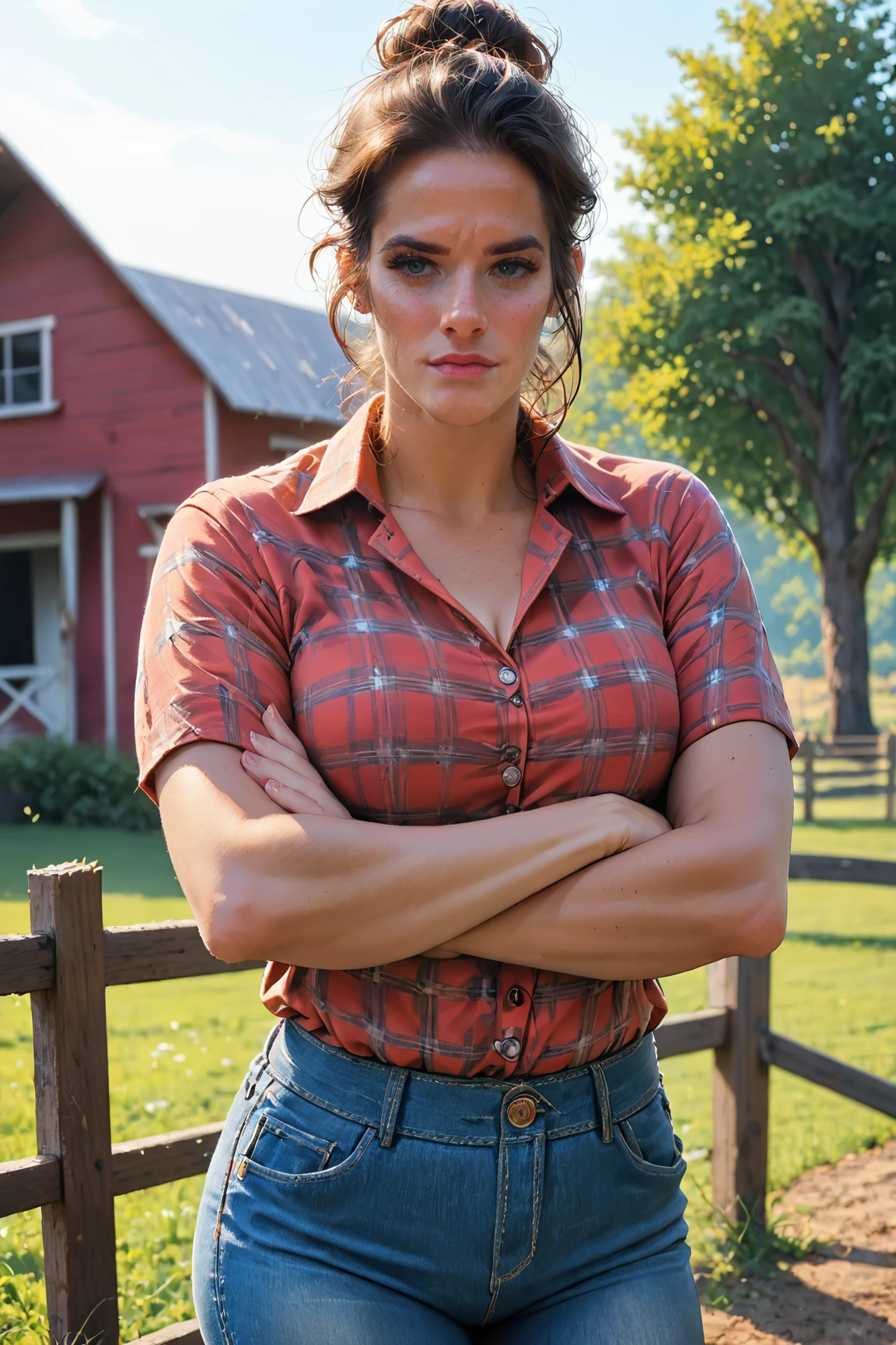 score_9, score_8, score_7,Maria_Andre, female, 1girl, solo female, crossed arms, plaid shirt, denim pantes, at the farm<lora:EMS-449458-EMS:0.920000>