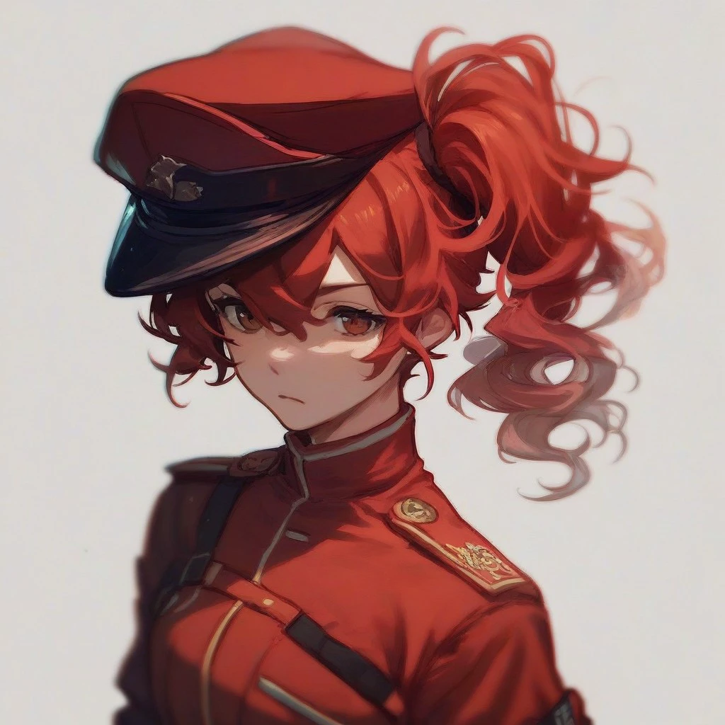 , score_9,score_8_up,score_7_up, anime_style, source_anime,
,simple background,  1girl, red hair, side ponytail, red uniform, military hat,Teruko