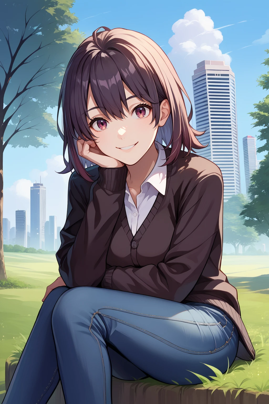 score_9, score_7_up, source_anime, cowboy shot, looking at viewer, smile, hrn, medium hair, black cardigan, collared shirt, jeans, sitting, hand rest, outdoors, grass, tree, skyline, <lora:Hoseki_Oregairu_HarunoYukinoshita_PDXL_v1:1>