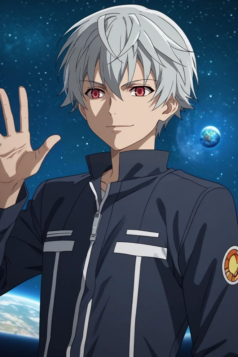 score_9, score_8_up, score_7_up, , rating_safe, , anime screencap, anime coloring, , , , 1boy, solo, male focus, <lora:aru_akise_pony:0.88>, aru_akise, grey hair, red eyes, short hair, cowboy shot, space, planets, midnight, waving, half-closed eyes, smile, , <lora:sdxl_lightning_8step_lora:1>