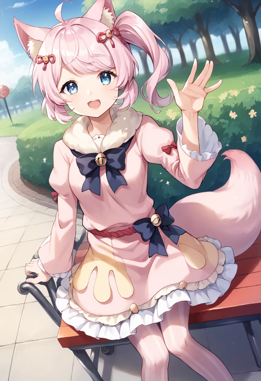 score_9,score_8_up,score_7_up,source_anime,masterpiece,best quality,game cg,1girl,solo,little_girl,creamteddy_clo,howan_(show_by_rock!!),small_breasts,blue eyes,pink hair,ahoge,side ponytail,fox ears,tail,hair ornament,<lora:howanSB69:0.8>,pink dress,long sleeves,puffy sleeves,black bow,fur trim,striped pantyhose,white skirt,<lora:creamteddySB69:0.8>,park,looking_at_viewer,smile,standing,cowboy_shot,indoor,dynamic_angle,sitting_on_chair,open mouth,waving,