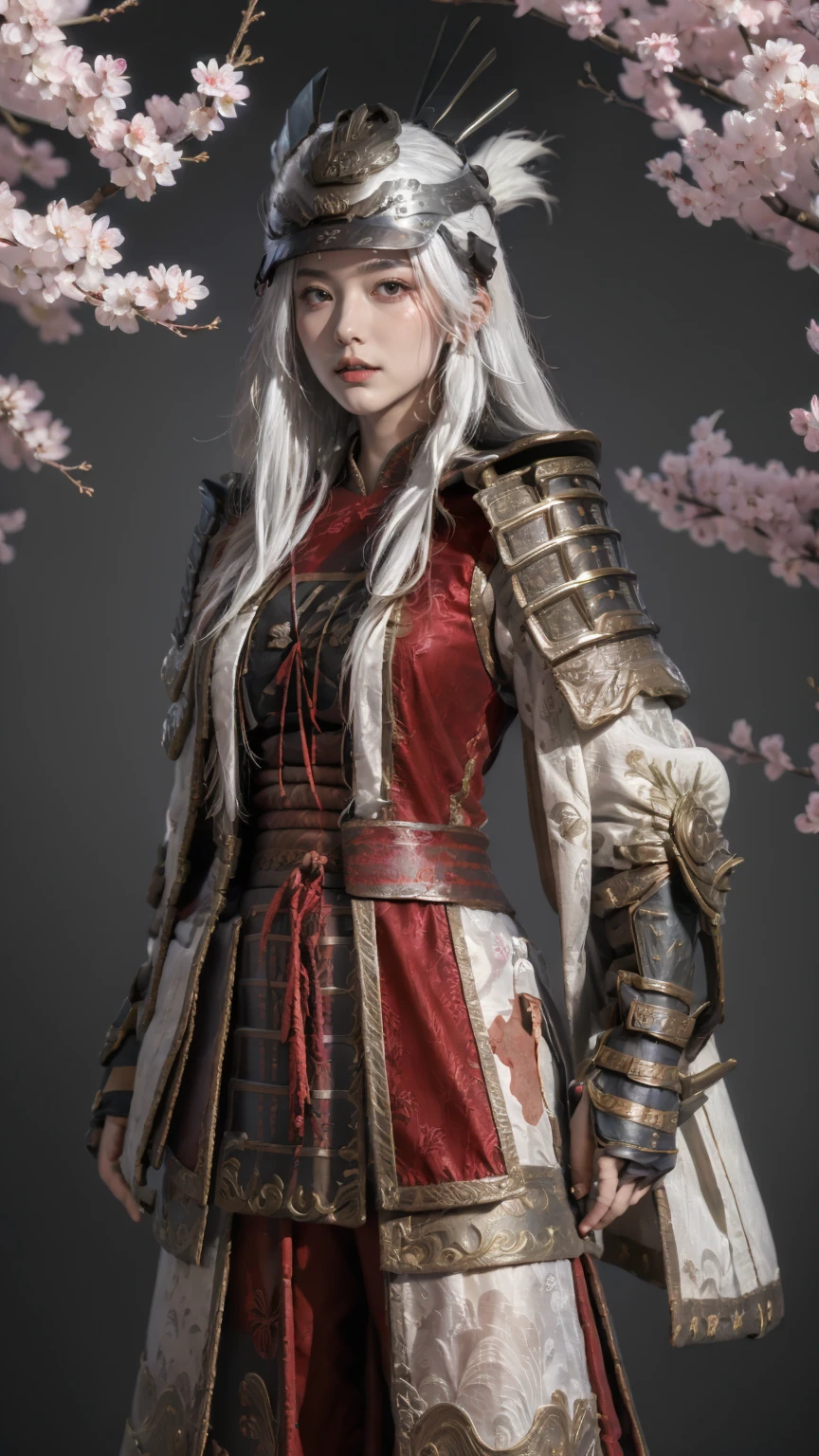 masterpiece,(bestquality),ultra-detailed,1girl,solo,lion samurai outfit,helmet,cherry blossoms,<lora:ntmix1:0.7>,<lora:Lion samurai outfit:0.7>,(white hair:1.05),