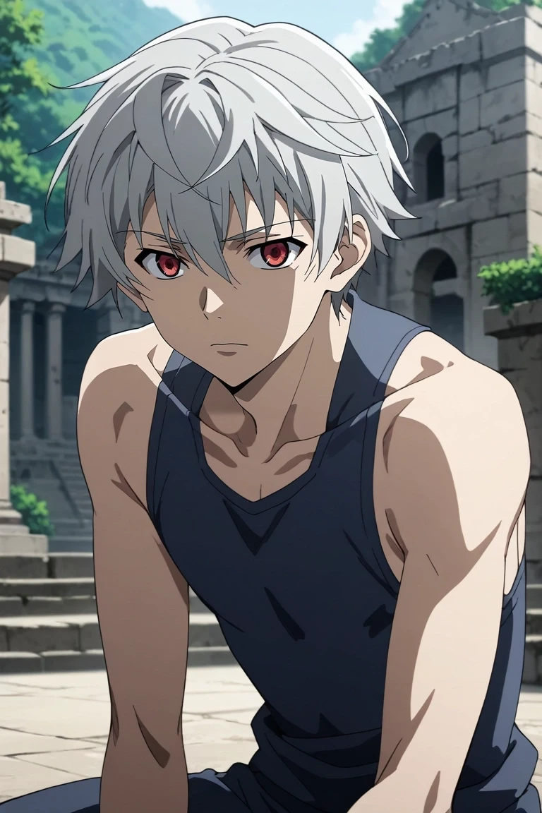 score_9, score_8_up, score_7_up, source_anime, rating_safe, intricate details, anime screencap, , , looking at viewer, depth of field, 1boy, solo, male focus, <lora:aru_akise_pony:0.8>, aru_akise, grey hair, red eyes, short hair, asymmetrical, ancient ruins, light, yoga, squinting, , <lora:sdxl_lightning_8step_lora:1>