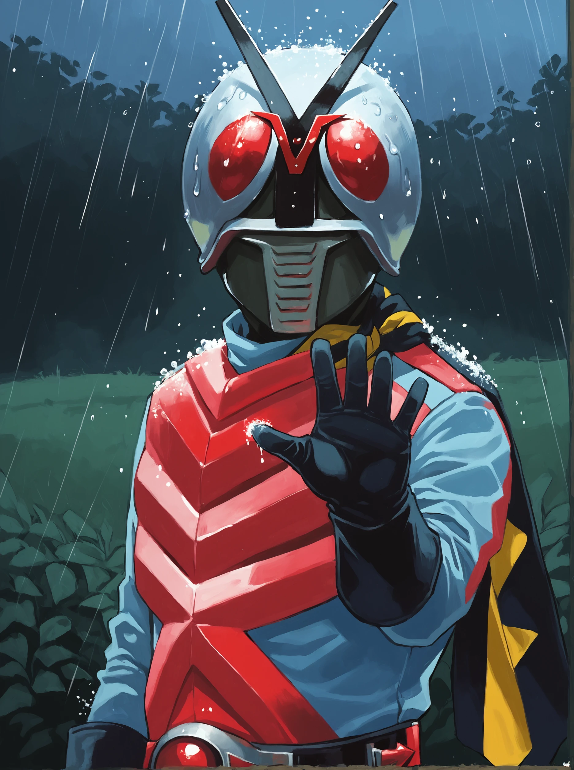 score_9, score_8_up, score_7_up, masterpiece, source_realistic, kamen rider, 1boy, male focus, solo, scarf, gloves, helmet, kamen rider, 1boy, male focus, solo, scarf, gloves, helmet, kamen rider, 1boy, male focus, solo, scarf, gloves, helmet,  outdoor, <lora:sn0wStyle:1> <lora:HKHorrorXL:1>,   <lora:Kamen_rider_X_1974:1>  raining, night