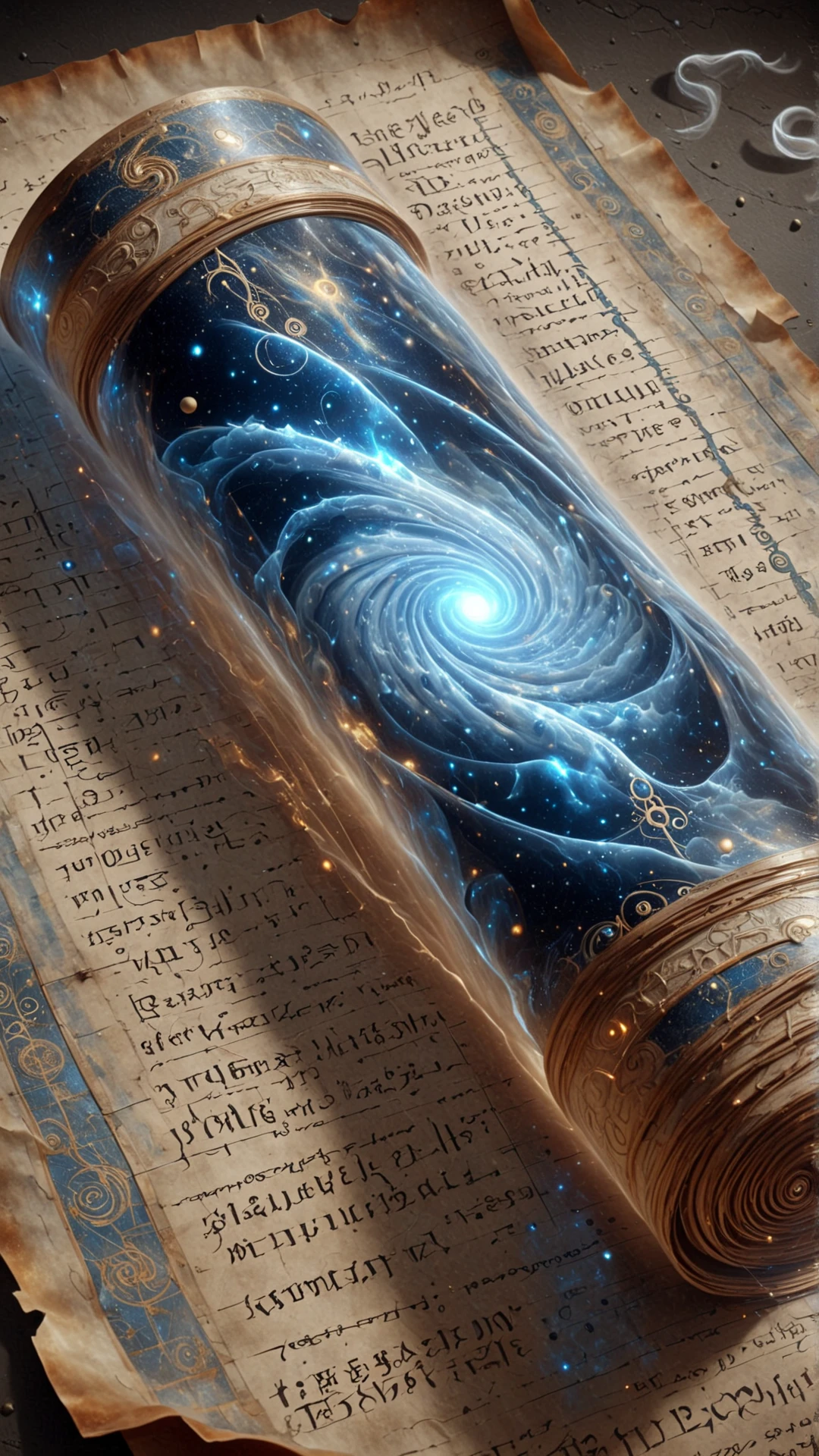 <lora:CosmicStyleSDXL:1.7>CosmicStyle (Ancient parchment scroll unraveling in the wind, golden sands beneath, glowing symbols, holographic elements, mysterious atmosphere, supernatural glow, contrasting futuristic lettering, faded medieval illustrations, faded gold and silver ink, weathered and worn texture, sepia and blue tones, dry and cracked surface, intricate details, dark and ominous sky, dramatic clouds, cracked earth, close-up view, high resolution, detailed, concept art, digital painting, artstation, illustration, wide angle, artbook, wallpaper, splash art, promo art, dramatic lighting, surrealism:0.5), see-through, transparent