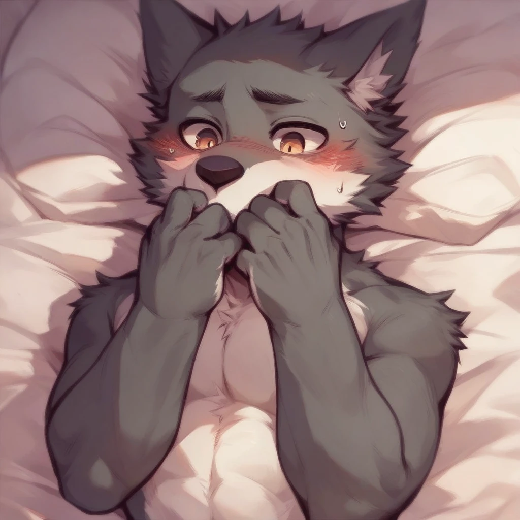 score_9_up, score_8_up, score_7_up, source_furry, furry, Flunky, 1boy, solo, blush, shy, bedroom